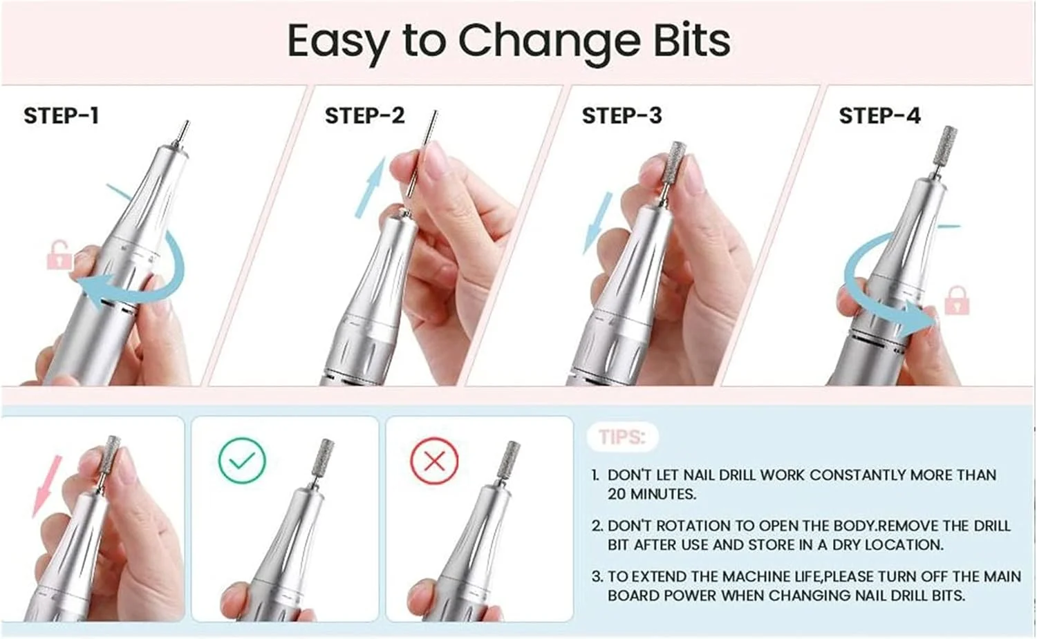 دستگاه سوهان برقی ناخن BREAUX با سرعت 30000 دور در دقیقه، دستگاه مانیکور قابل حمل 24 وات برای از بین بردن ناخن های اکریلیک، ست حرفه ای سالن ناخن برای ناخن های طبیعی و لاک ژل