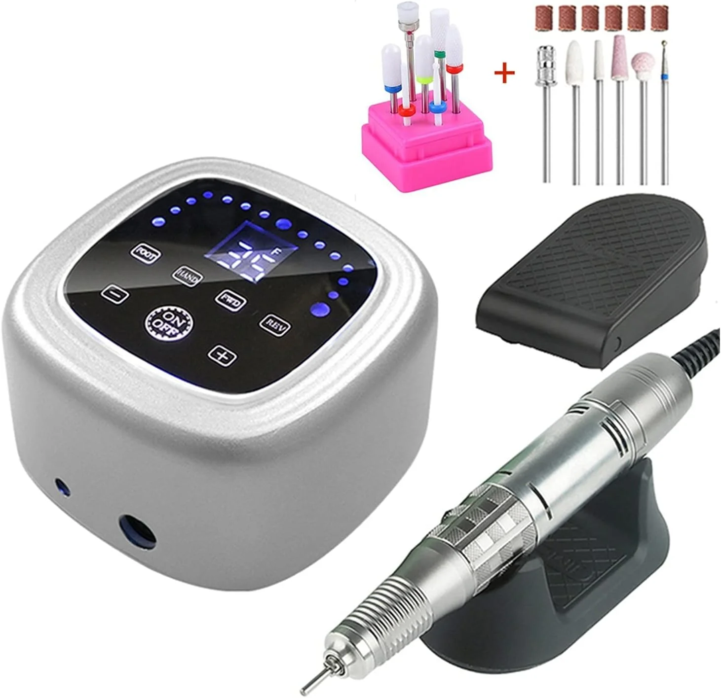 دستگاه سوهان برقی ناخن قابل حمل 75 وات، دریل ناخن 35000 دور در دقیقه، دستگاه مانیکور، فرز، پدیکور، ابزار حرفه ای طراحی ناخن و پدیکور (نقره ای)