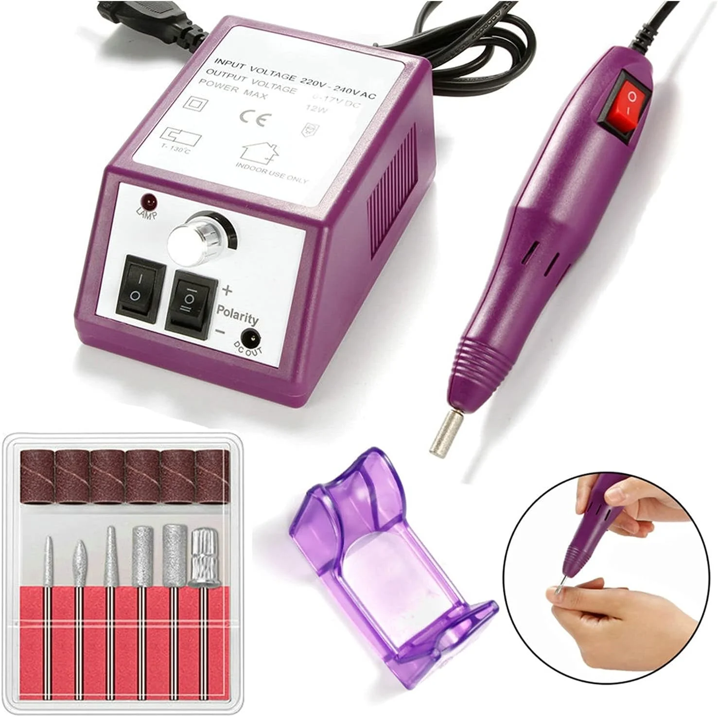 دستگاه مانیکور برقی 20000 دور در دقیقه به همراه ست سر سوهان، مناسب برای مانیکور، پدیکور و طراحی ناخن (رنگ: بنفش)