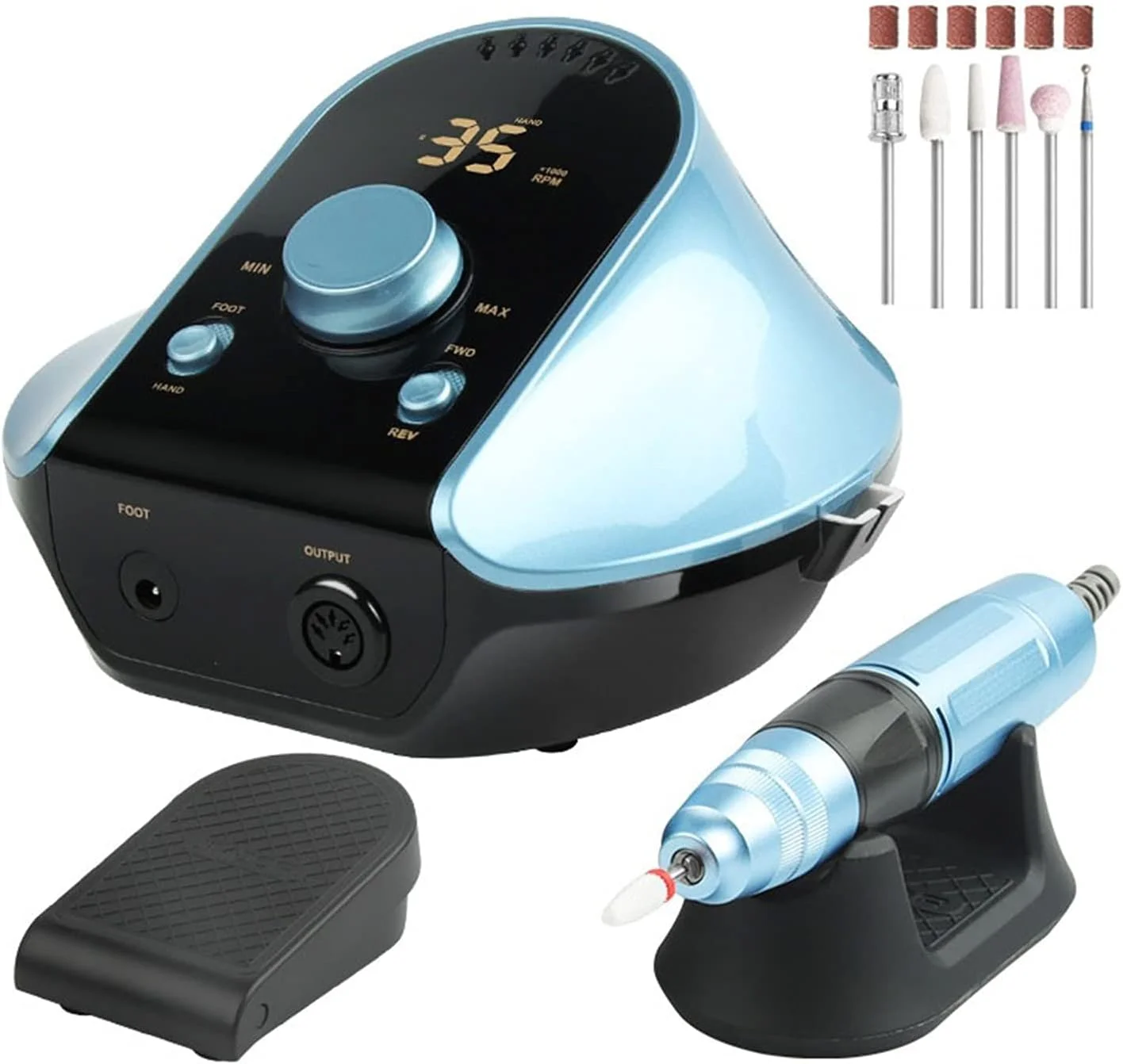 دستگاه سوهان برقی ناخن قابل حمل 35000 دور در دقیقه، سوهان برقی حرفه ای با قطعه دستی فلزی، فرزهای برش، دستگاه دریل ناخن قرمز برای هنر ناخن و ابزارهای پدیکور ناخن (رنگ: آبی)