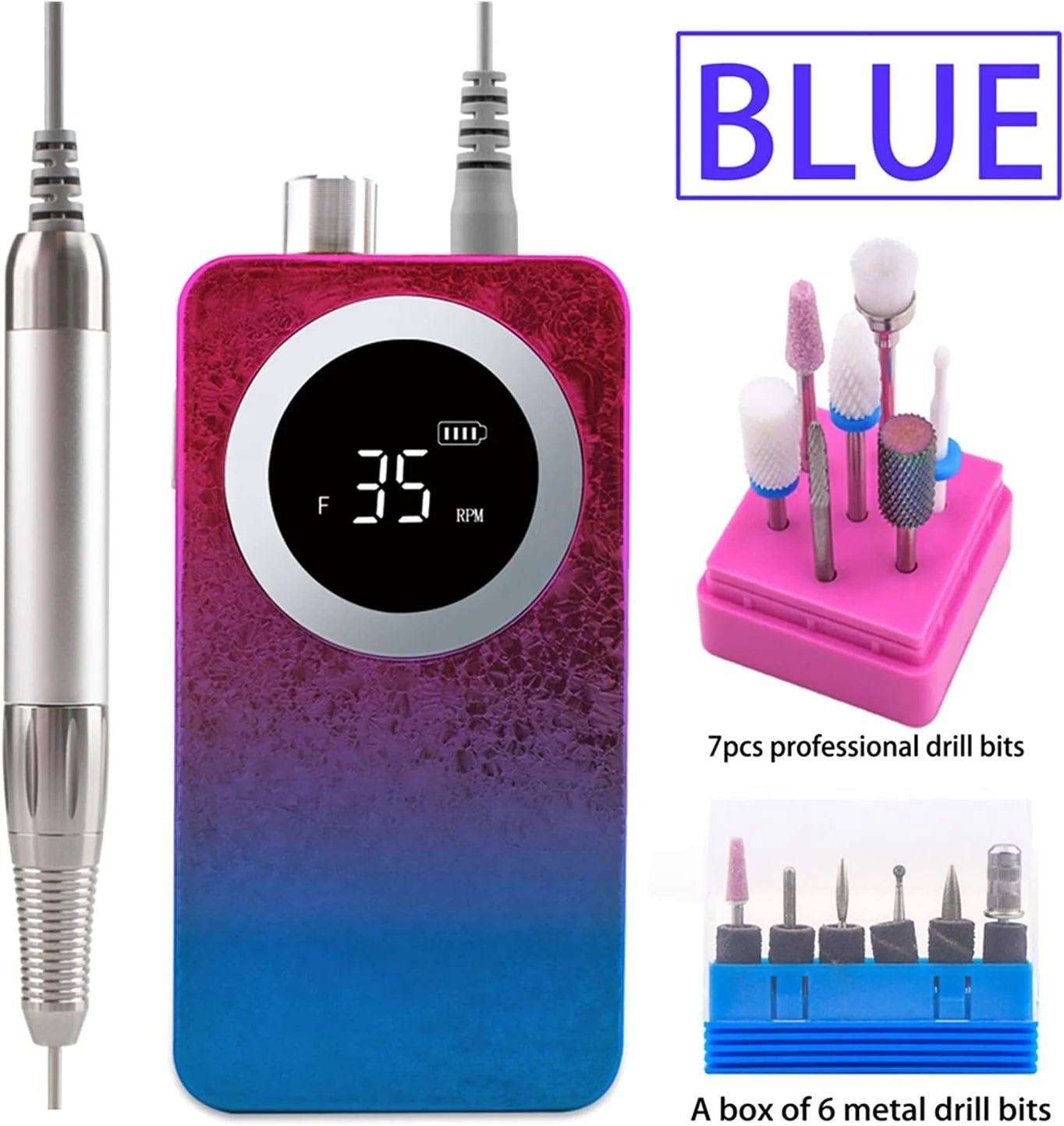 دستگاه سوهان برقی ناخن BREAUX، قلم بدون برس، شارژی، بی سیم، طرح گرادیان برفی، 35000 دور در دقیقه، قابل حمل، مناسب برای ناخن های طبیعی و لاک ژل (رنگ: آبی)