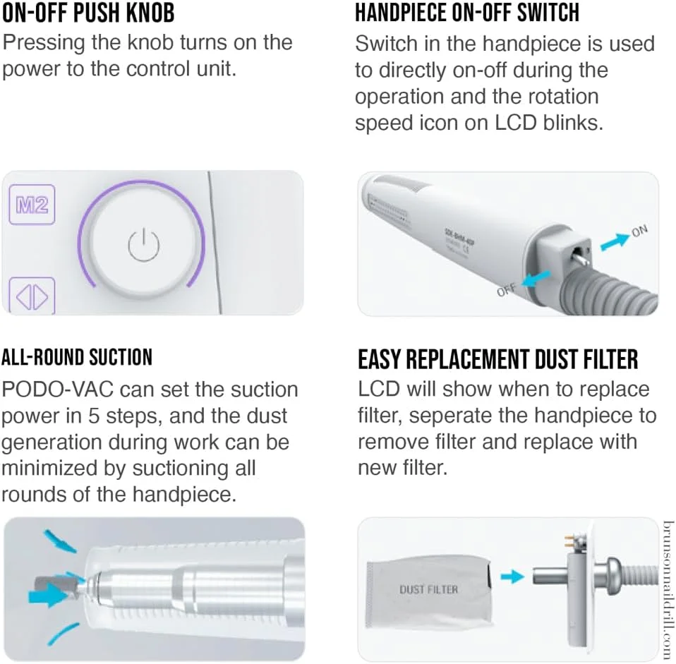 دستگاه سوهان برقی ناخن PODO-VAC برانسون با مکنده داخلی - 40000 دور در دقیقه، سوهان برقی حرفه ای ناخن | دستگاه سوهان ناخن و جمع کننده گرد و غبار همه کاره برای مانیکور و پدیکور - کیفیت سالنی