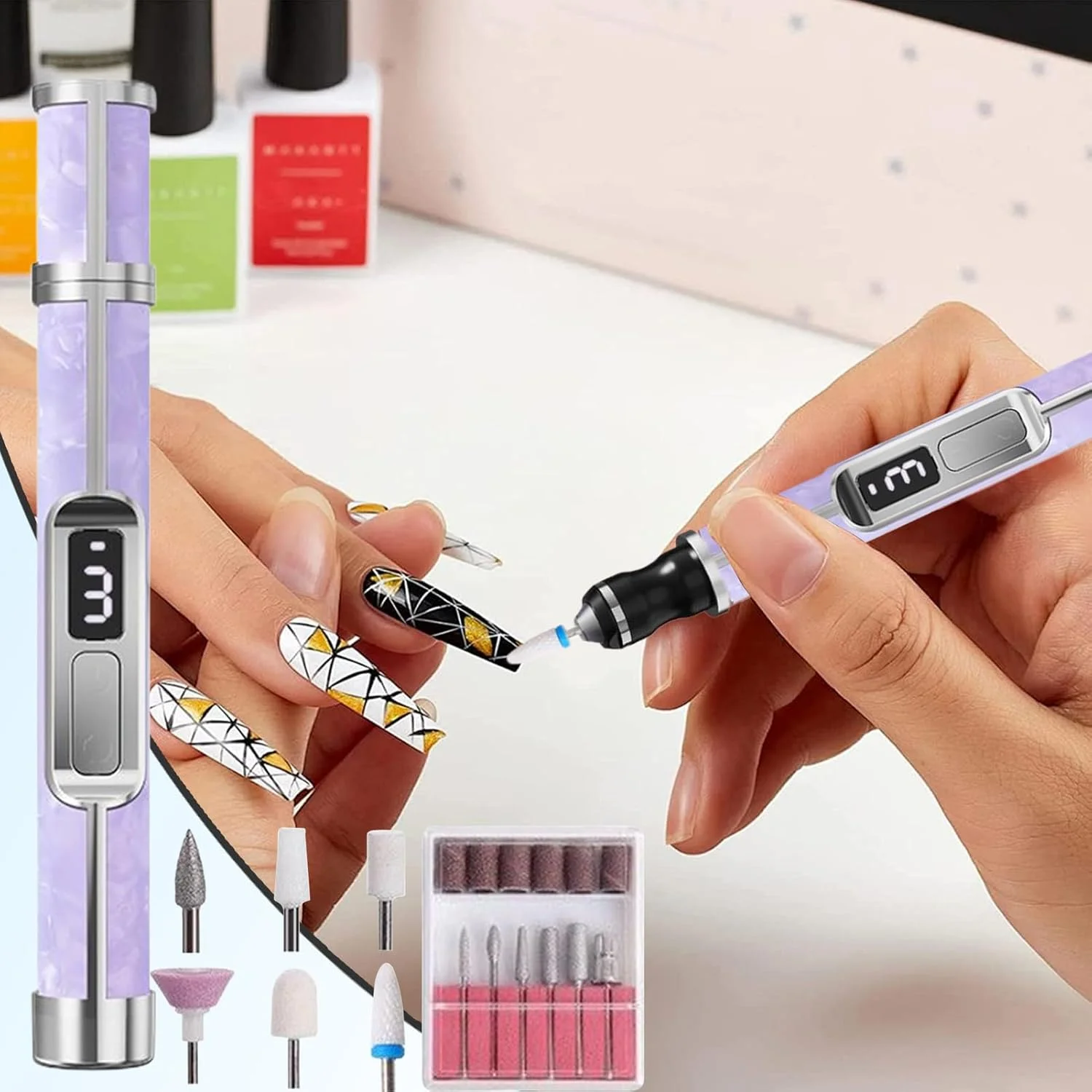 ست سوهان ناخن برقی | کیت سوهان مانیکور با 3 سرعت | دریل ناخن قابل شارژ برای از بین بردن پینه پا و ناخن ضخیم انگشتان دست و پا مناسب مبتدیان، استفاده در منزل و سالن، آقایان و بانوان