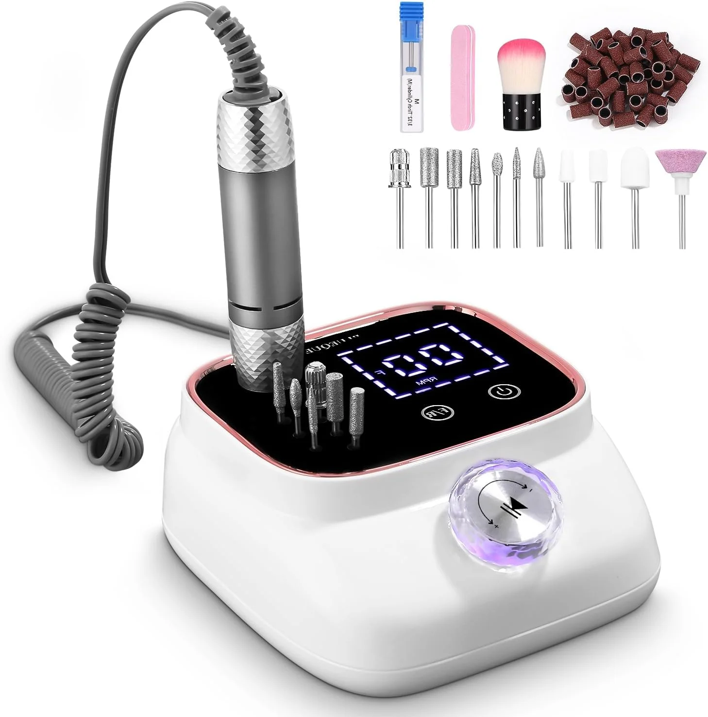 دستگاه سوهان برقی ناخن حرفه ای UIHOL با سرعت 45000 دور در دقیقه، قابل حمل، به همراه ست مانیکور و پدیکور، مناسب برای استفاده خانگی و سالن های ناخن، رزگلد