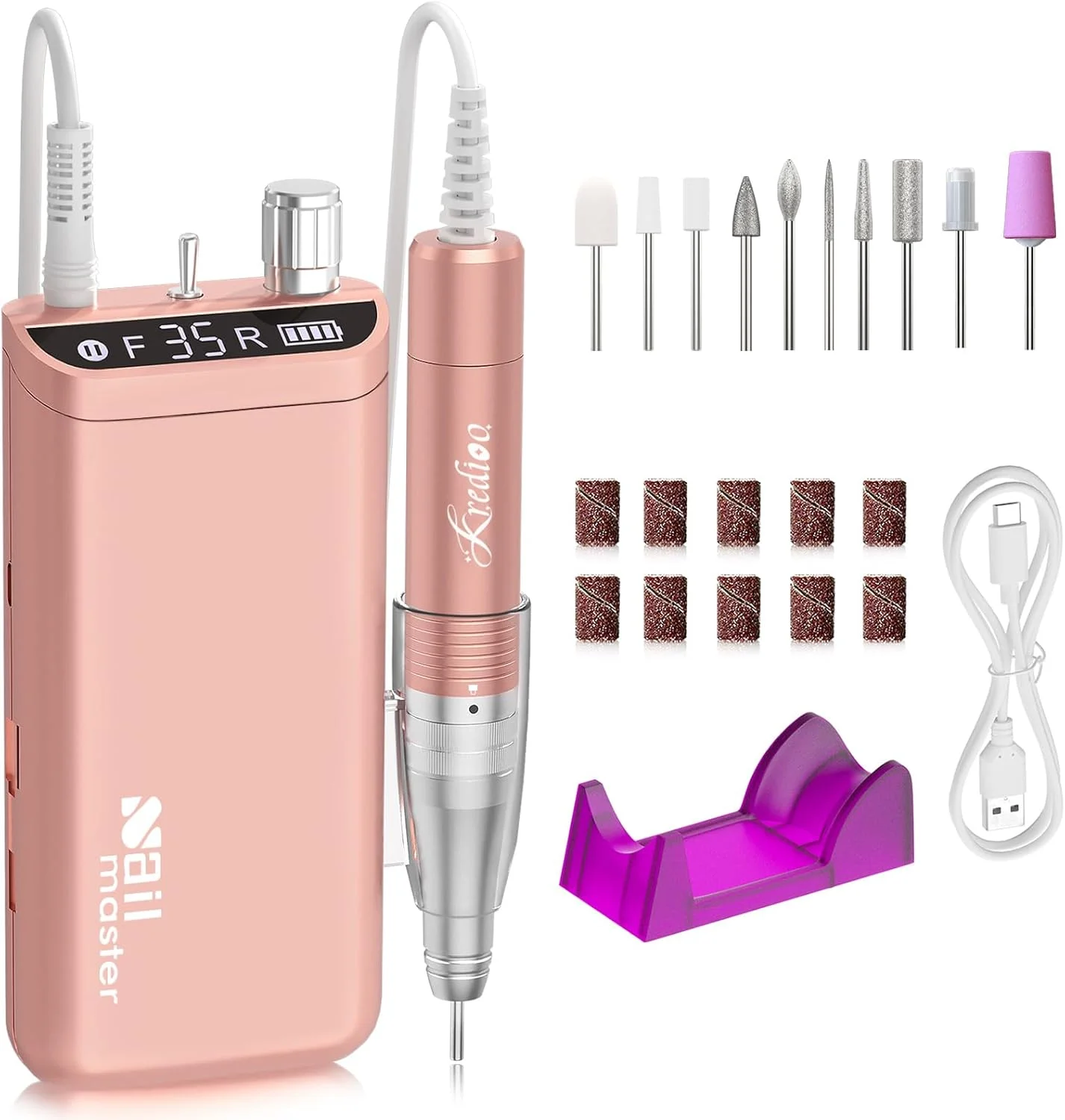دستگاه سوهان برقی ناخن Kredioo با سرعت 350000 دور در دقیقه، سوهان برقی شارژی برای ناخن های ژلی آکریلیک، حرارت کم، کیفیت سالنی، ابزار مراقبت از ناخن و مانیکور به همراه 10 سری سوهان ناخن برای مبتدیان و تکنسین های ناخن