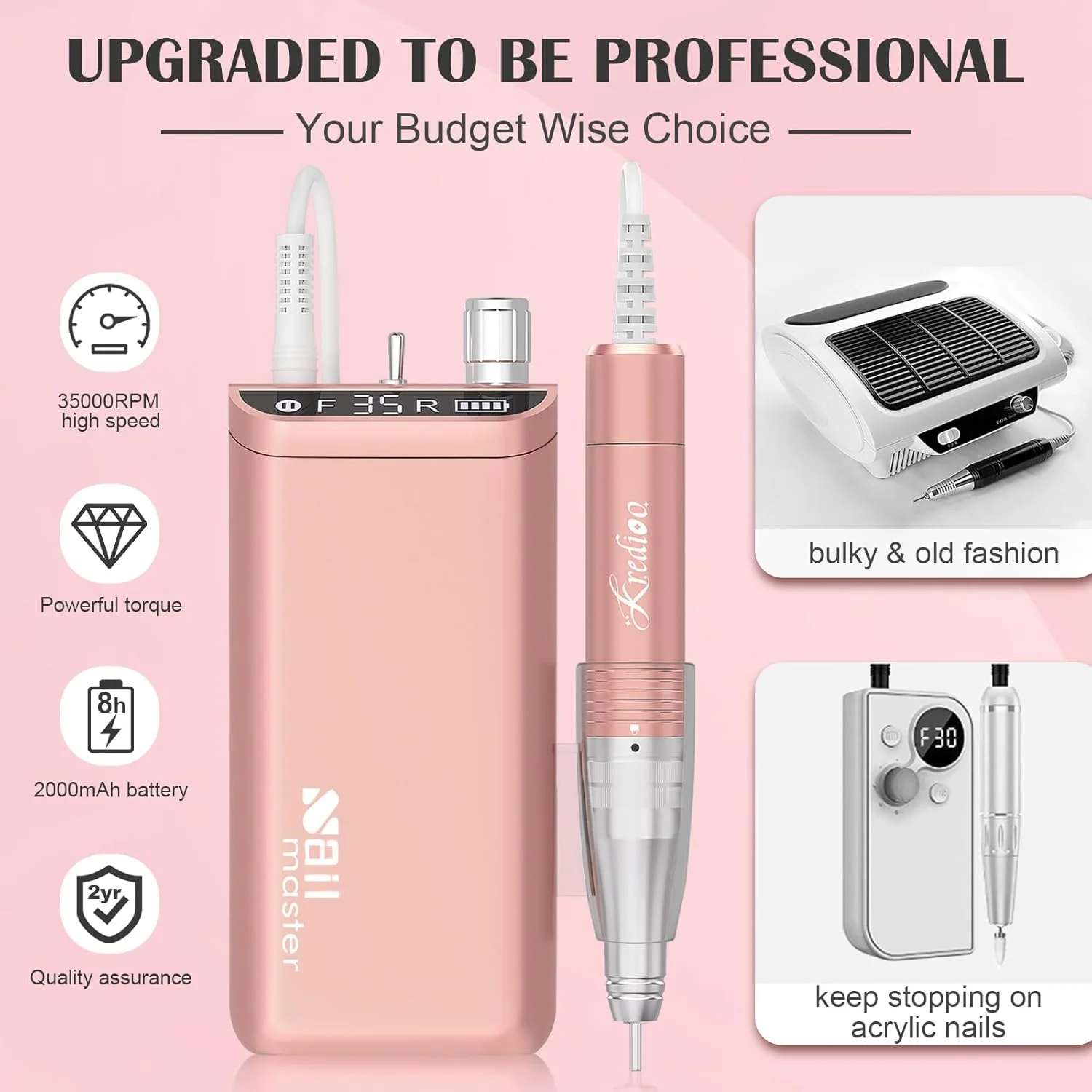 دستگاه سوهان برقی ناخن Kredioo با سرعت 350000 دور در دقیقه، سوهان برقی شارژی برای ناخن های ژلی آکریلیک، حرارت کم، کیفیت سالنی، ابزار مراقبت از ناخن و مانیکور به همراه 10 سری سوهان ناخن برای مبتدیان و تکنسین های ناخن