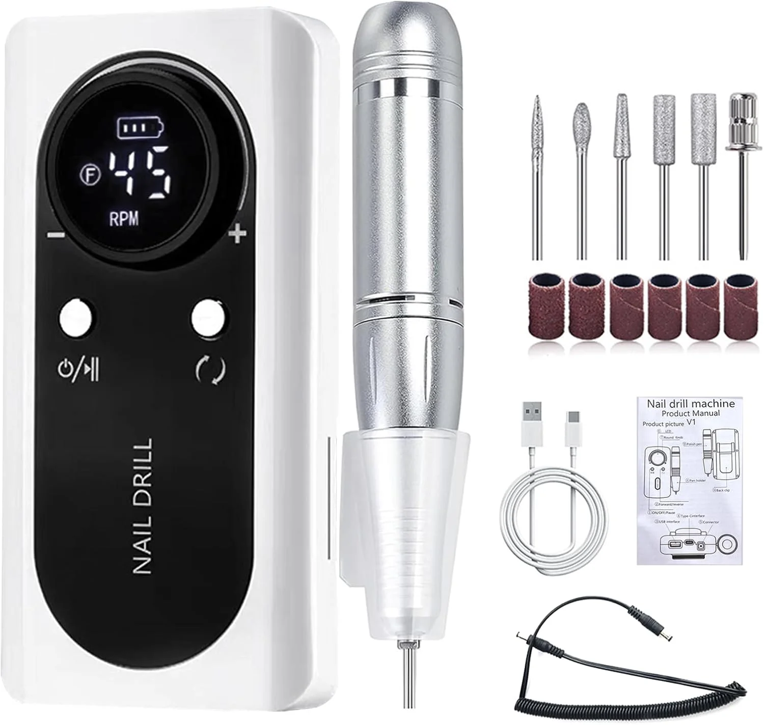 دستگاه سوهان برقی ناخن حرفه ای، کیت سوهان ناخن شارژی 45000 دور در دقیقه با صفحه نمایش LCD هوشمند، کم صدا و قابل حمل برای ناخن های اکریلیک، ژل، مانیکور، پدیکور، مناسب سالن و استفاده خانگی (سفید)