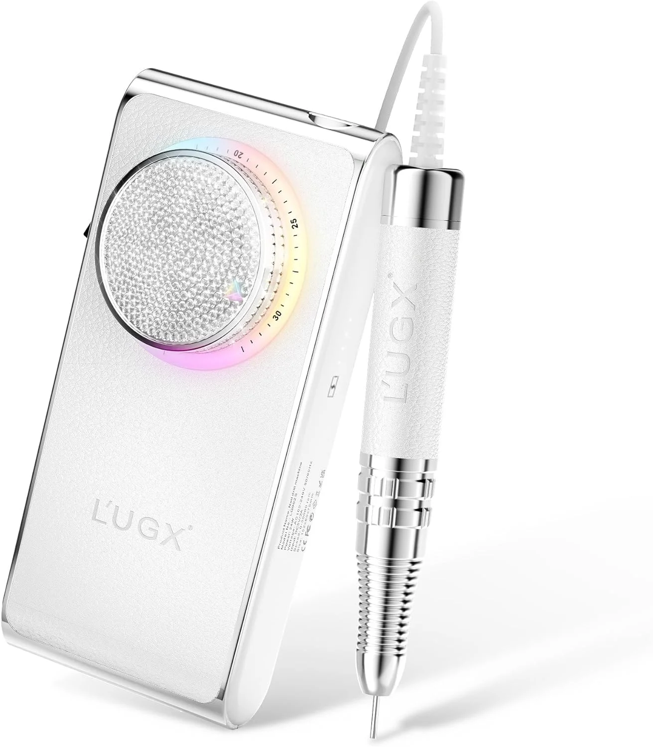 دستگاه سوهان برقی ناخن حرفه ای L'UGX، 30000 دور در دقیقه، بدون برس، شارژی و بی سیم، مناسب برای پولیش ناخن های اکریلیک و ژل، کم صدا و کم لرزش، دارای 7 عدد سری سوهان، سفید الماسی