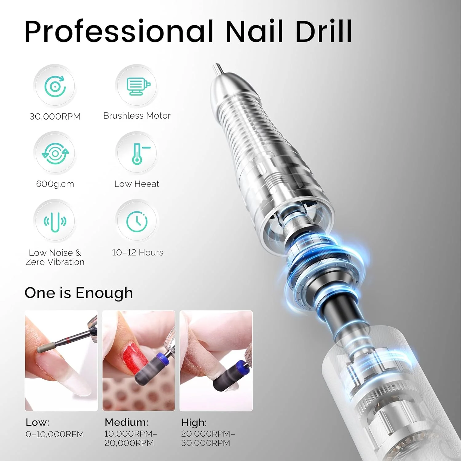 دستگاه سوهان برقی ناخن حرفه ای L'UGX، 30000 دور در دقیقه، بدون برس، شارژی و بی سیم، مناسب برای پولیش ناخن های اکریلیک و ژل، کم صدا و کم لرزش، دارای 7 عدد سری سوهان، سفید الماسی