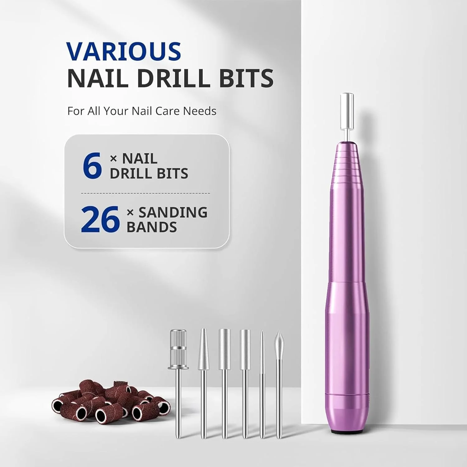 دستگاه سوهان برقی ناخن، دستگاه قابل حمل USB EFile ناخن برای مبتدیان، کیت مانیکور پدیکور سوهان ناخن با 6 سری و 26 نوار سمباده برای پولیش ناخن های ژلی اکریلیک خانگی بنفش