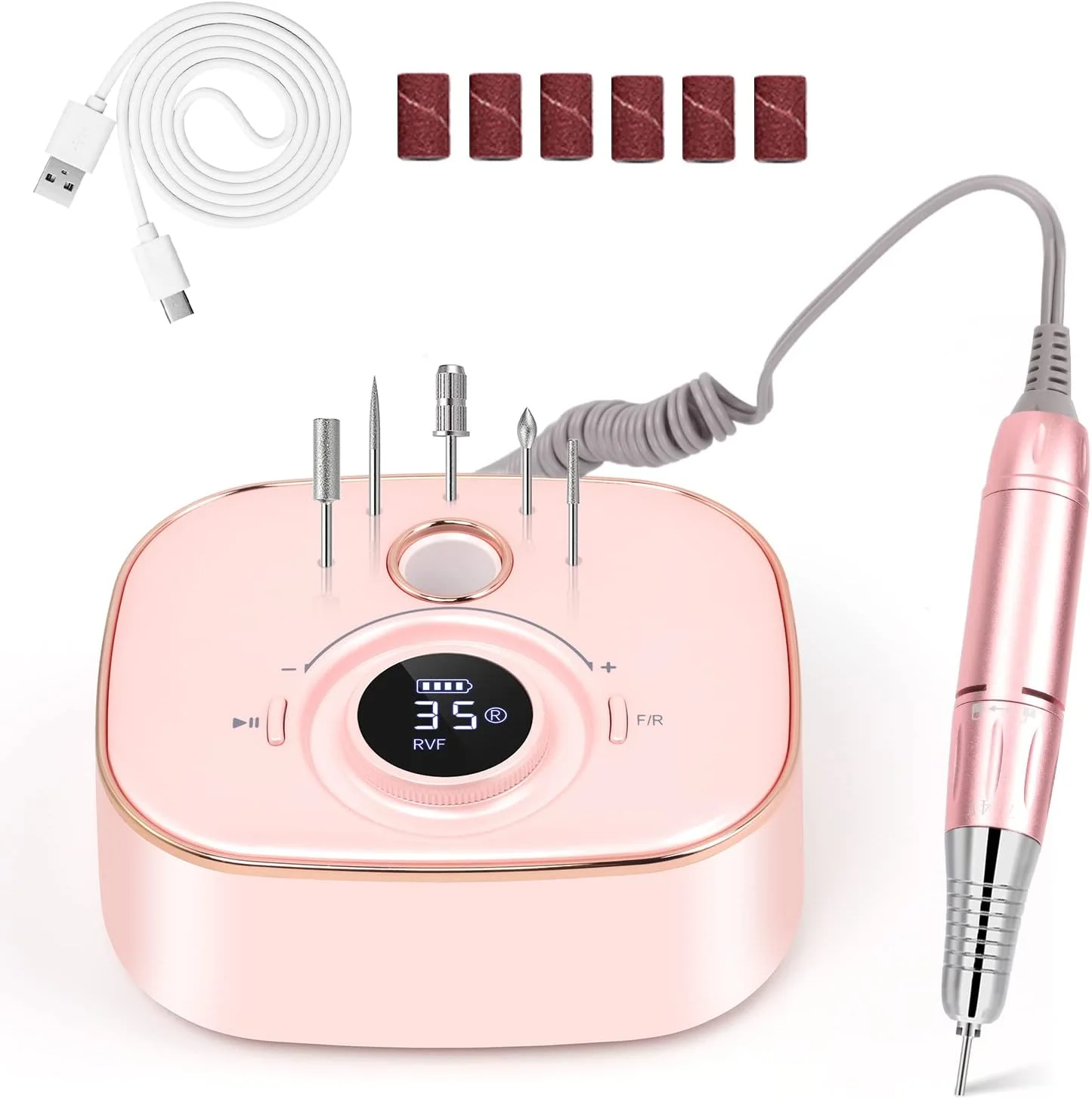 دستگاه سوهان برقی ناخن، دستگاه سوهان ناخن برقی حرفه ای 35000 دور در دقیقه برای ناخن های اکریلیک و ژل، سوهان ناخن قابل حمل، ای فایل با نمایشگر LED و 6 سر سوهان برای منزل/سالن