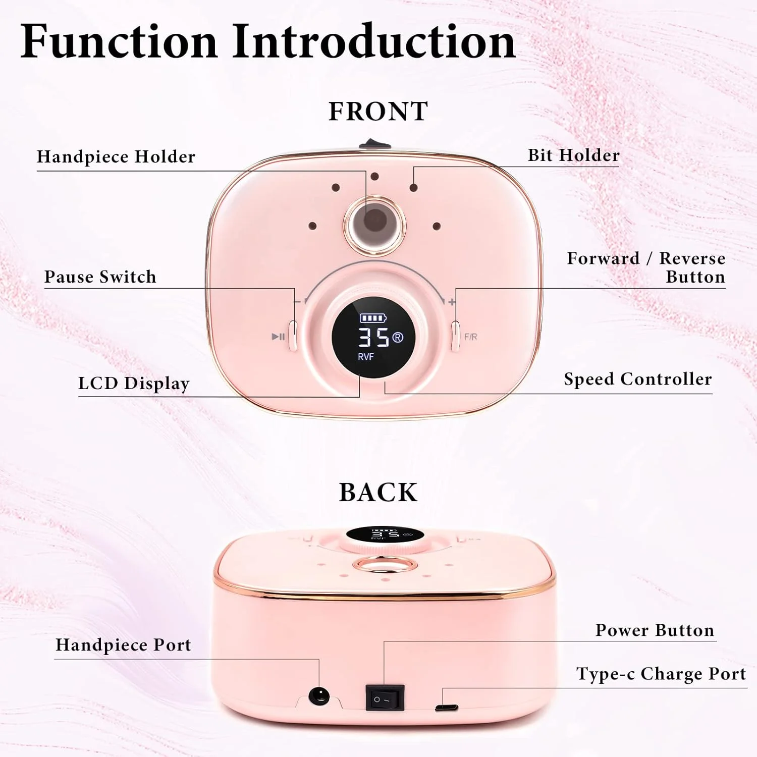 دستگاه سوهان برقی ناخن، دستگاه سوهان ناخن برقی حرفه ای 35000 دور در دقیقه برای ناخن های اکریلیک و ژل، سوهان ناخن قابل حمل، ای فایل با نمایشگر LED و 6 سر سوهان برای منزل/سالن