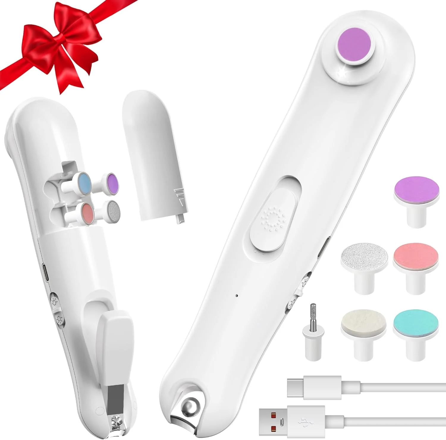 سوهان ناخن برقی کودک، ناخن گیر 2 در 1 کودک، ناخن گیر ایمن و ملایم با چراغ LED و 6 سری سمباده، سرعت و جهت قابل تنظیم، ست مراقبت از ناخن قابل حمل برای تمام سنین