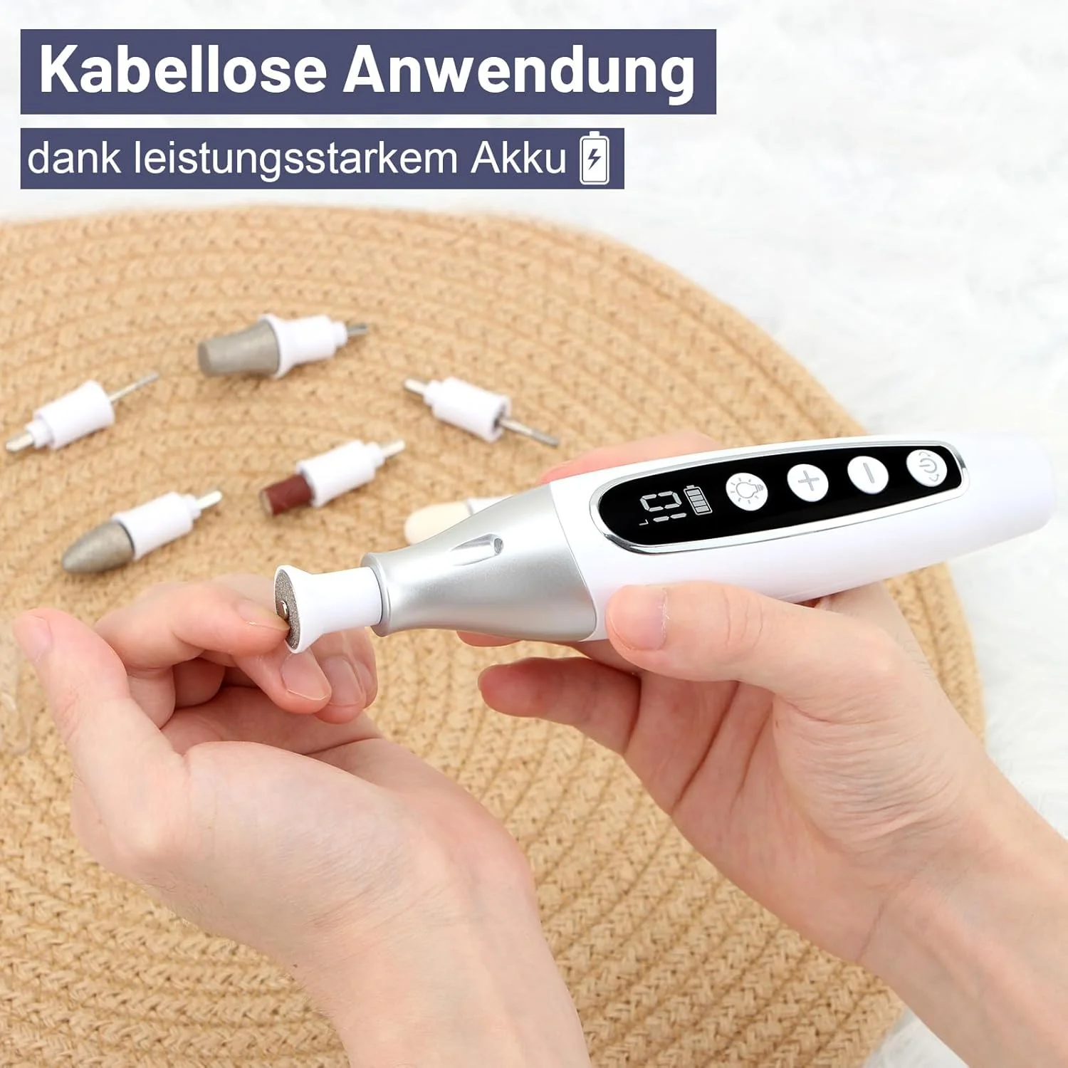 ست سوهان برقی ناخن شارژی AOMEES با 9 سری با کیفیت، 10 سطح سرعت و چراغ LED (سفید نقره ای)