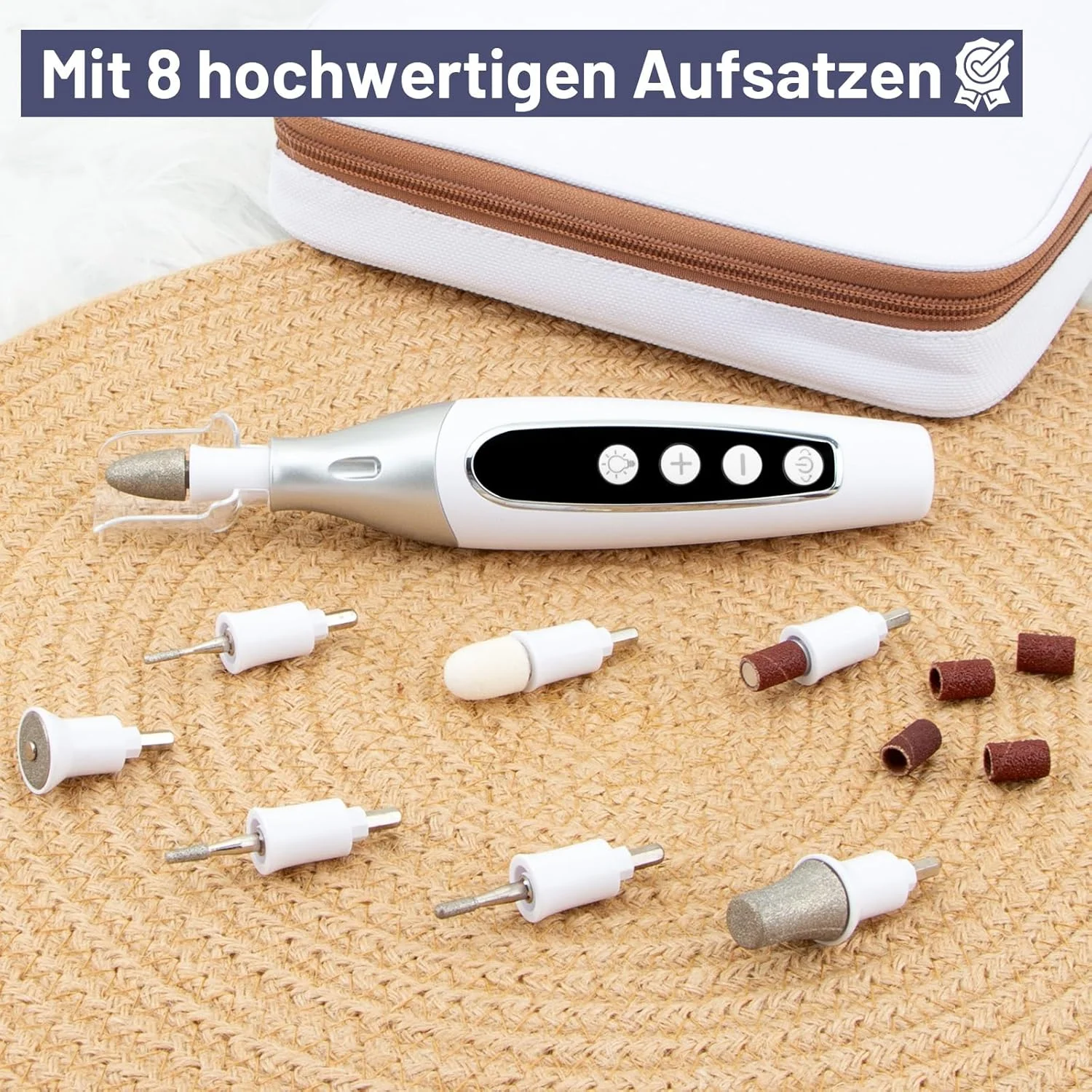 ست سوهان برقی ناخن شارژی AOMEES با 9 سری با کیفیت، 10 سطح سرعت و چراغ LED (سفید نقره ای)