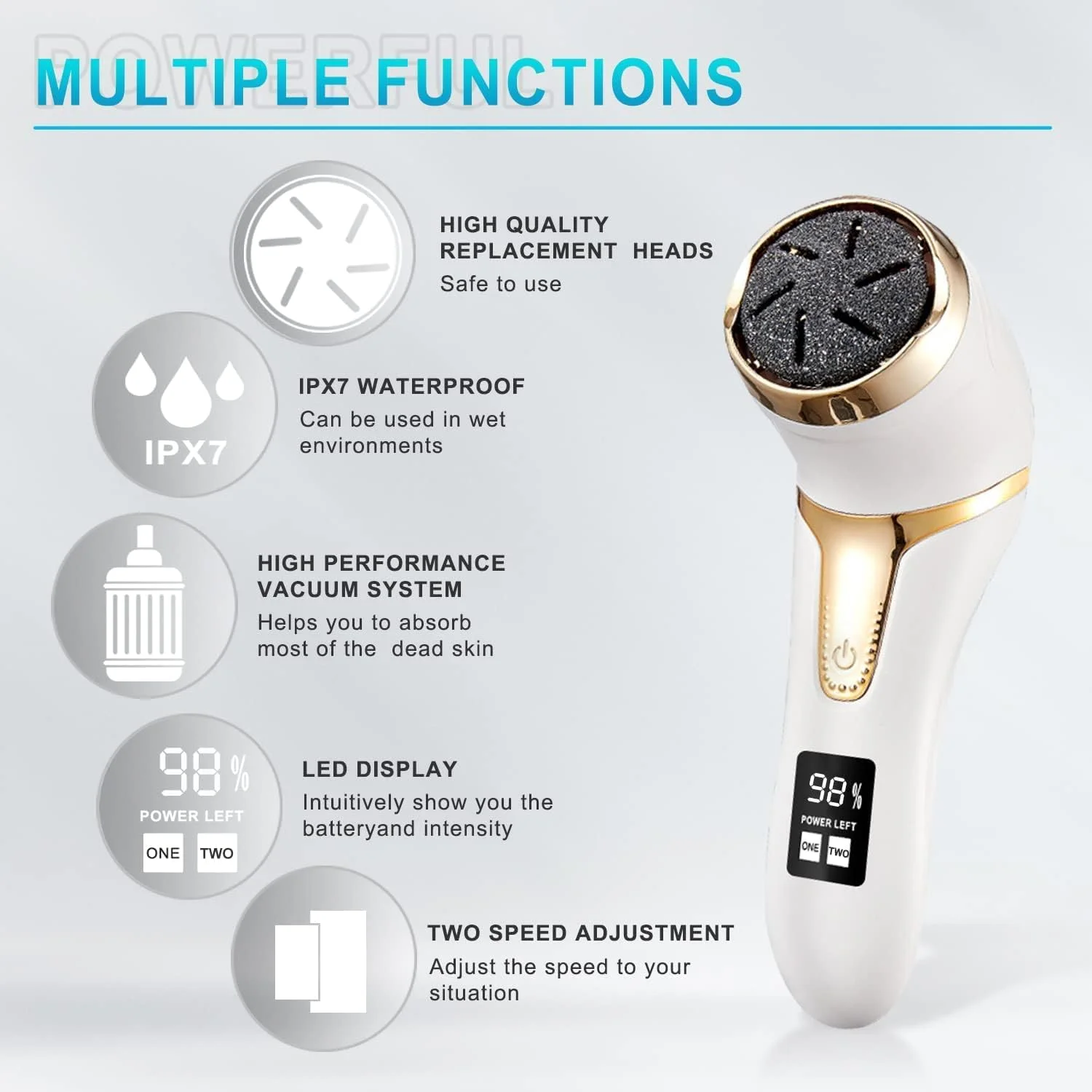 سوهان برقی پا، سوهان پدیکور برقی با سرعت دوگانه و مکش خلاء، دارای سرهای غلتکی، ابزار پدیکور قابل شارژ USB برای پوست های خشک، ترک خورده و سفت