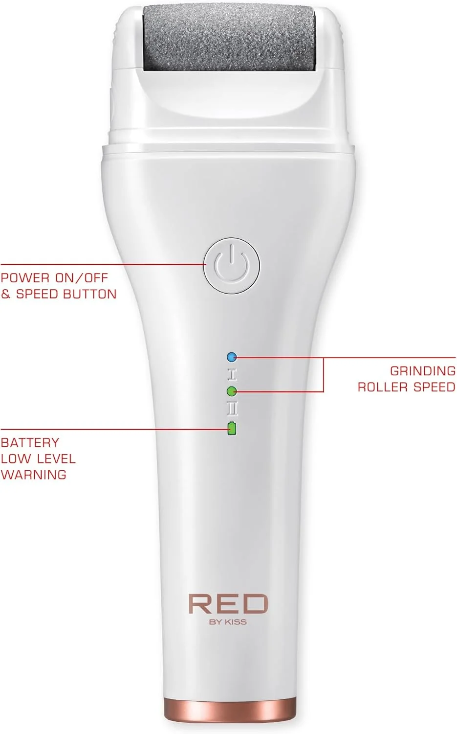 سوهان برقی پدیکور بی سیم Red by Kiss، ۳ سری غلتکی و ۲ تنظیم سرعت، سنگ سر غلتکی بلند و منحنی، مناسب استفاده خشک و مرطوب، تا ۲ ساعت کارکرد، آسان و قابل حمل