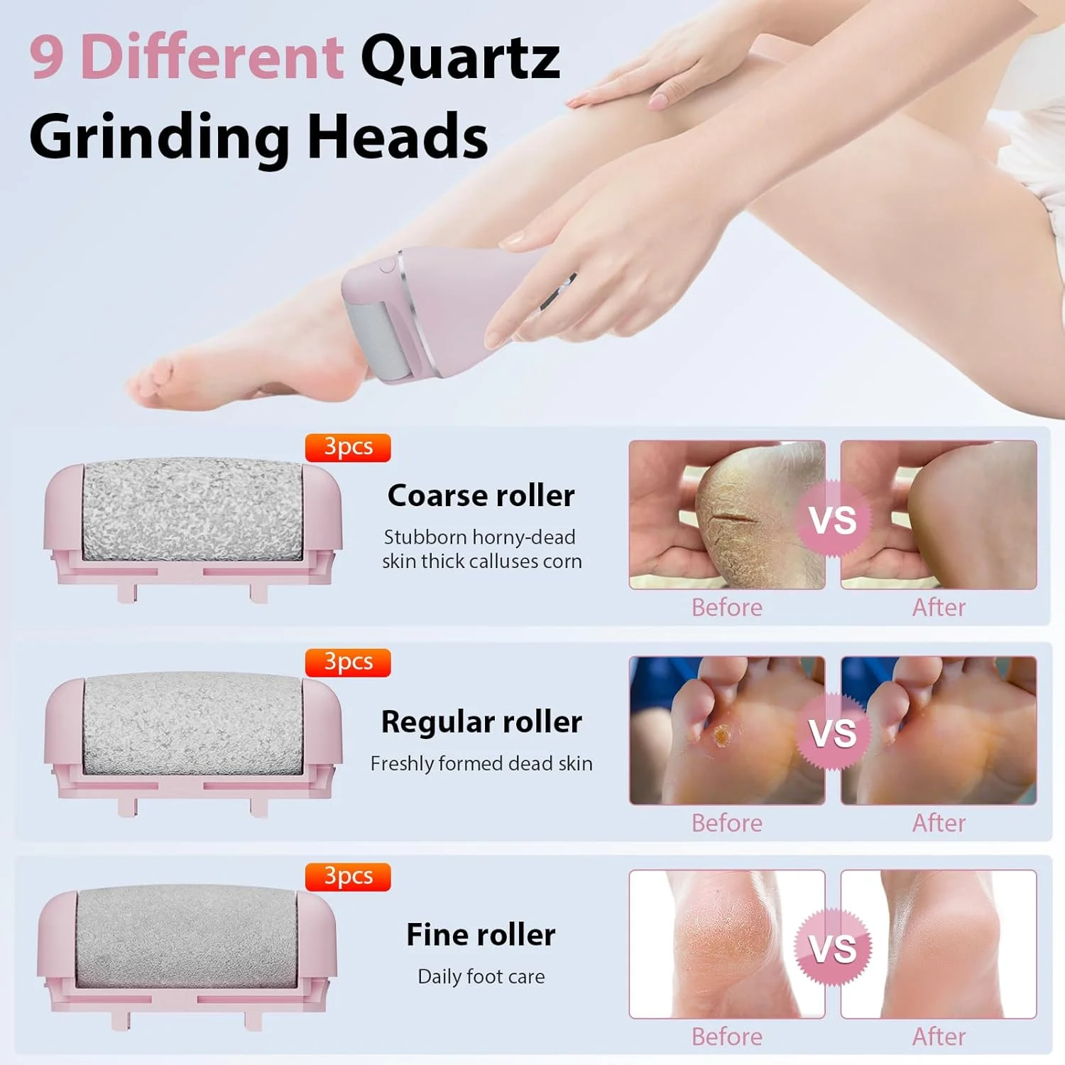 سوهان برقی پدیکور AdamPark برای پاشنه های ترک خورده - کیت سوهان پدی 9 سر با قابلیت شارژ USB-C و ضد آب IPX7 | سوهان حرفه ای پا برای پوست های خشک و مرده، صورتی