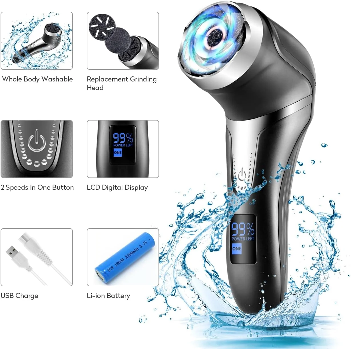 سوهان برقی پا - قابل شارژ و ضد آب برای از بین بردن پوست های خشک، سخت و ترک پاشنه پا، ابزار حرفه ای پدیکور با 3 سری سمباده و 2 سرعت