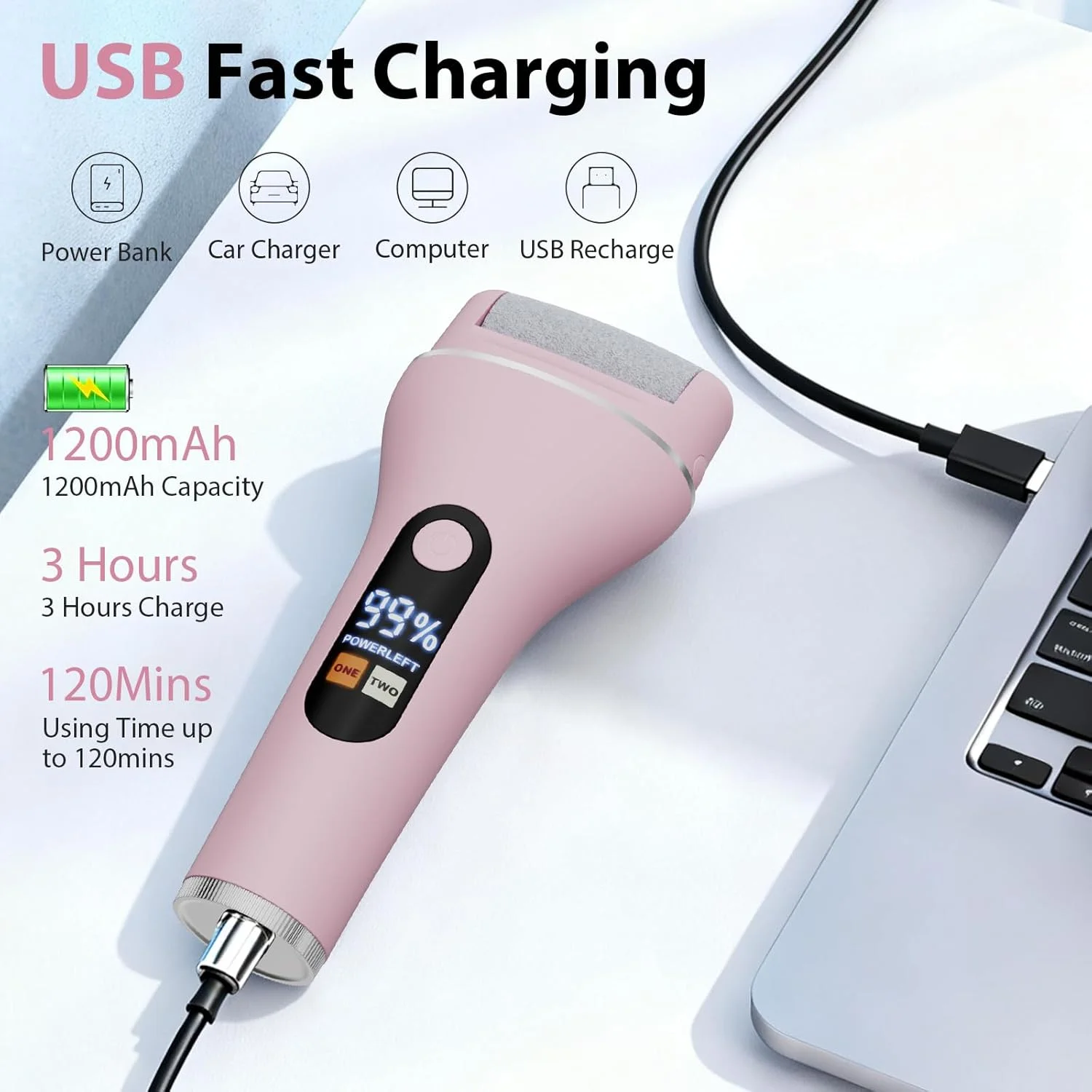 سوهان برقی پدیکور AdamPark برای پاشنه های ترک خورده - کیت سوهان پدی 9 سر با قابلیت شارژ USB-C و ضد آب IPX7 | سوهان حرفه ای پا برای پوست های خشک و مرده، صورتی