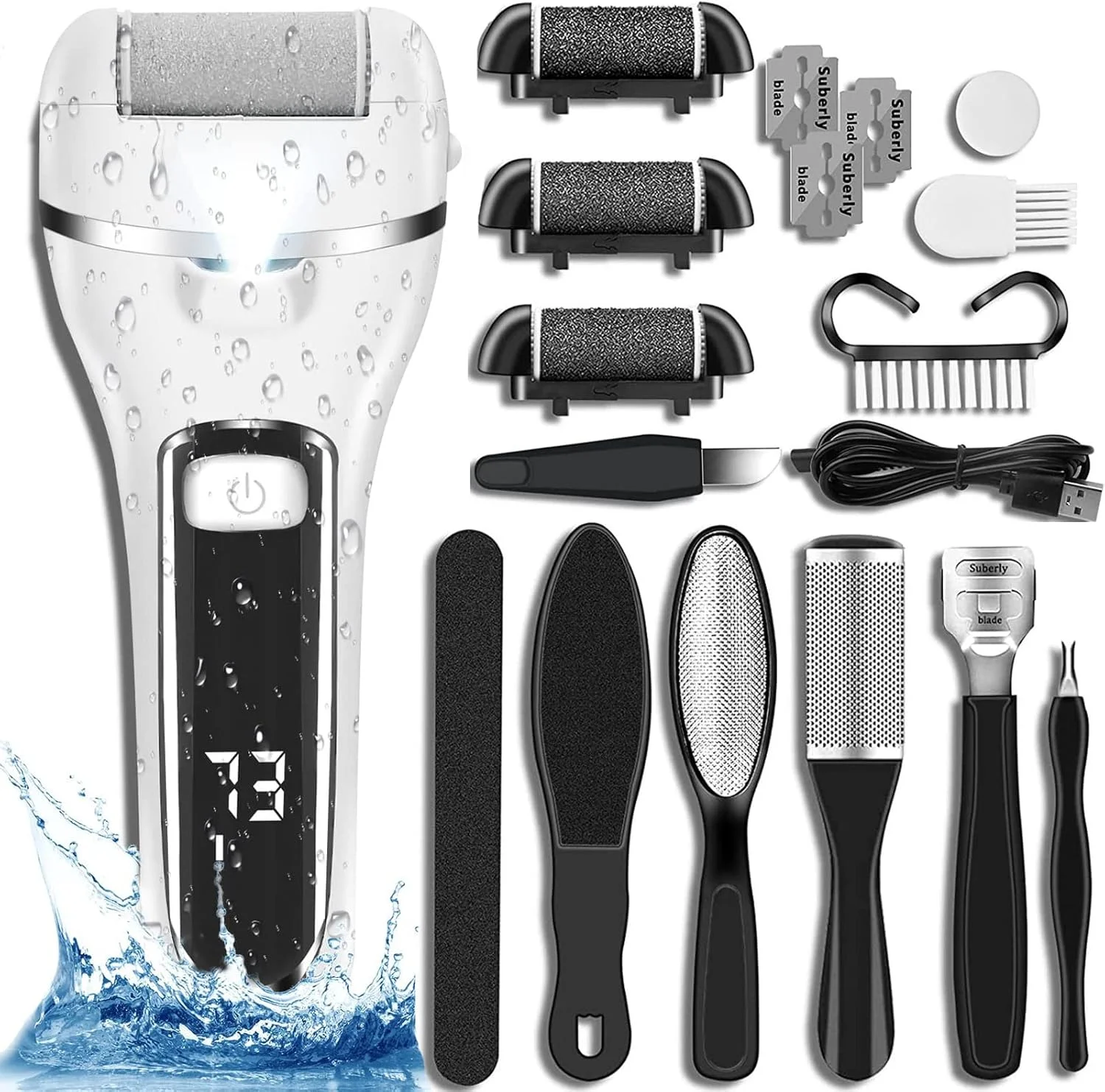 دستگاه سوهان برقی پا X spring، کیت ابزار پدیکور قابل حمل 15 در 1، سوهان پا از بین برنده پوست سخت، اسکرابر شارژی پا با 3 سری غلتکی، نمایشگر LCD (سفید)