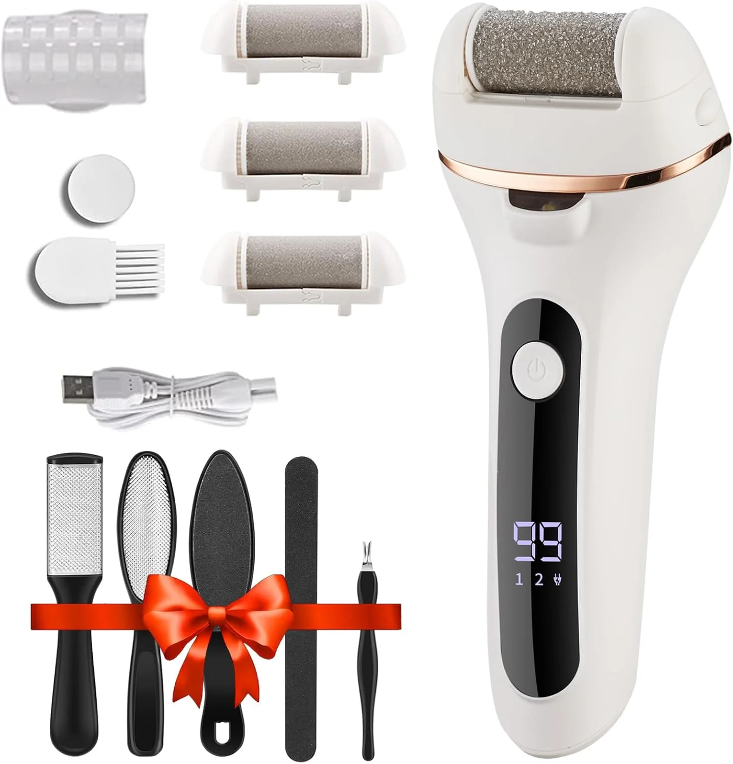 سوهان برقی پا، از بین برنده حرفه ای پوست سخت پا، کیت پدیکور شارژی از بین برنده پینه پا با 3 سری غلتکی برای پوست های مرده و خشک - سفید