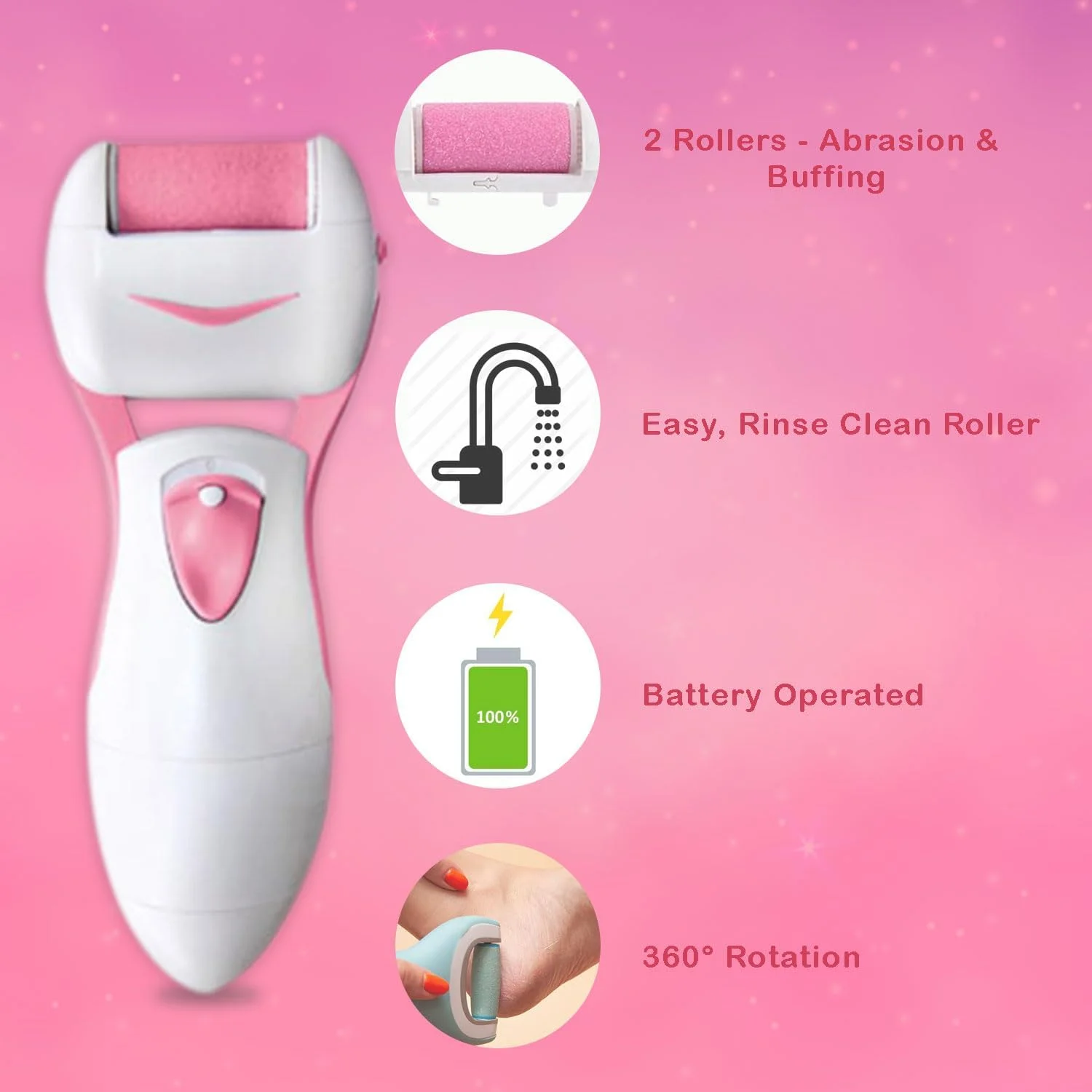 غلطک سوهان برقی پا - با باتری کار می کند برای از بین بردن پوست سفت - رنگ صورتی، پرداخت صاف - ابزار پدیکور برای پا