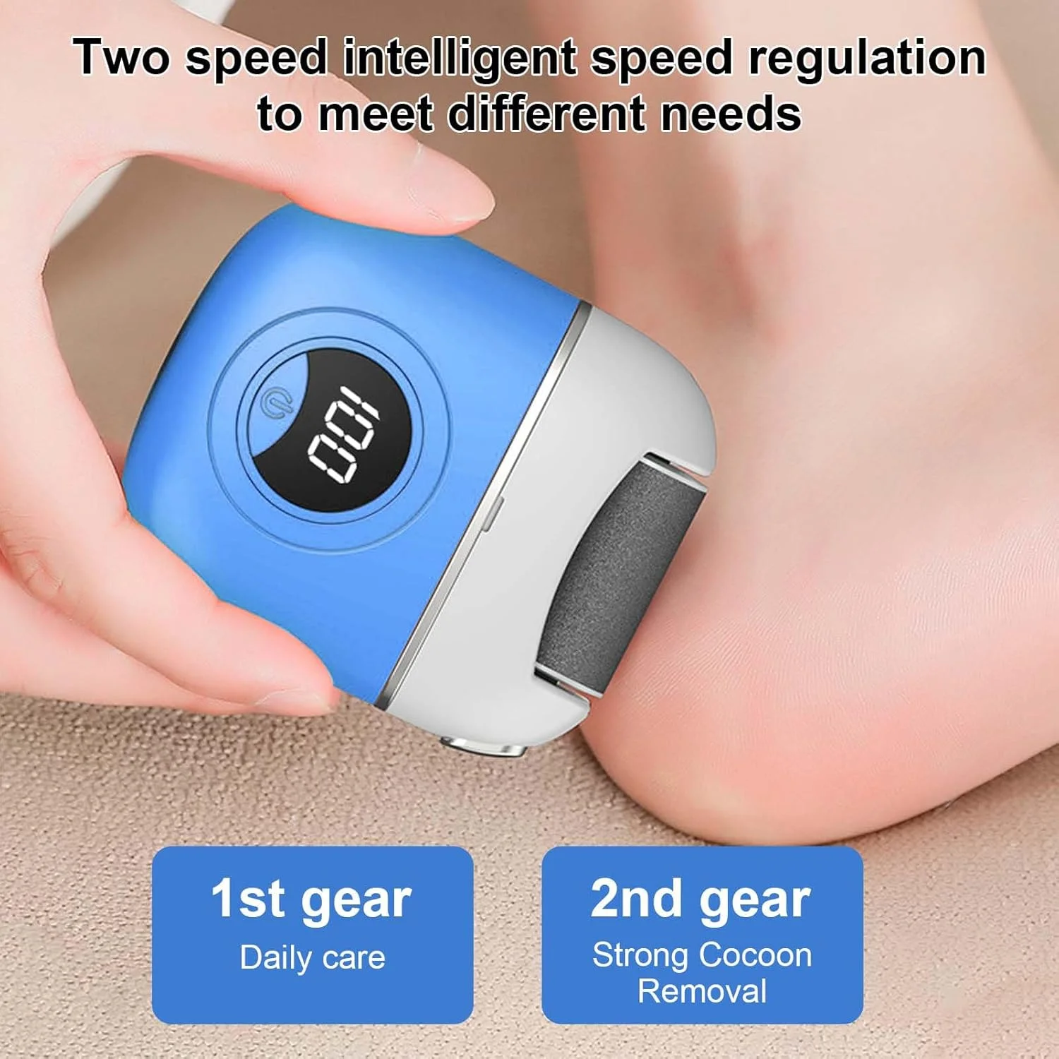 سوهان برقی پا، سوهان برقی پا با 3 غلتک تعویضی، ابزار مراقبت از پا با سه تنظیمات، سر سنگ زنی برای انگشتان پا، پاشنه پا، کنار پا و کف پا