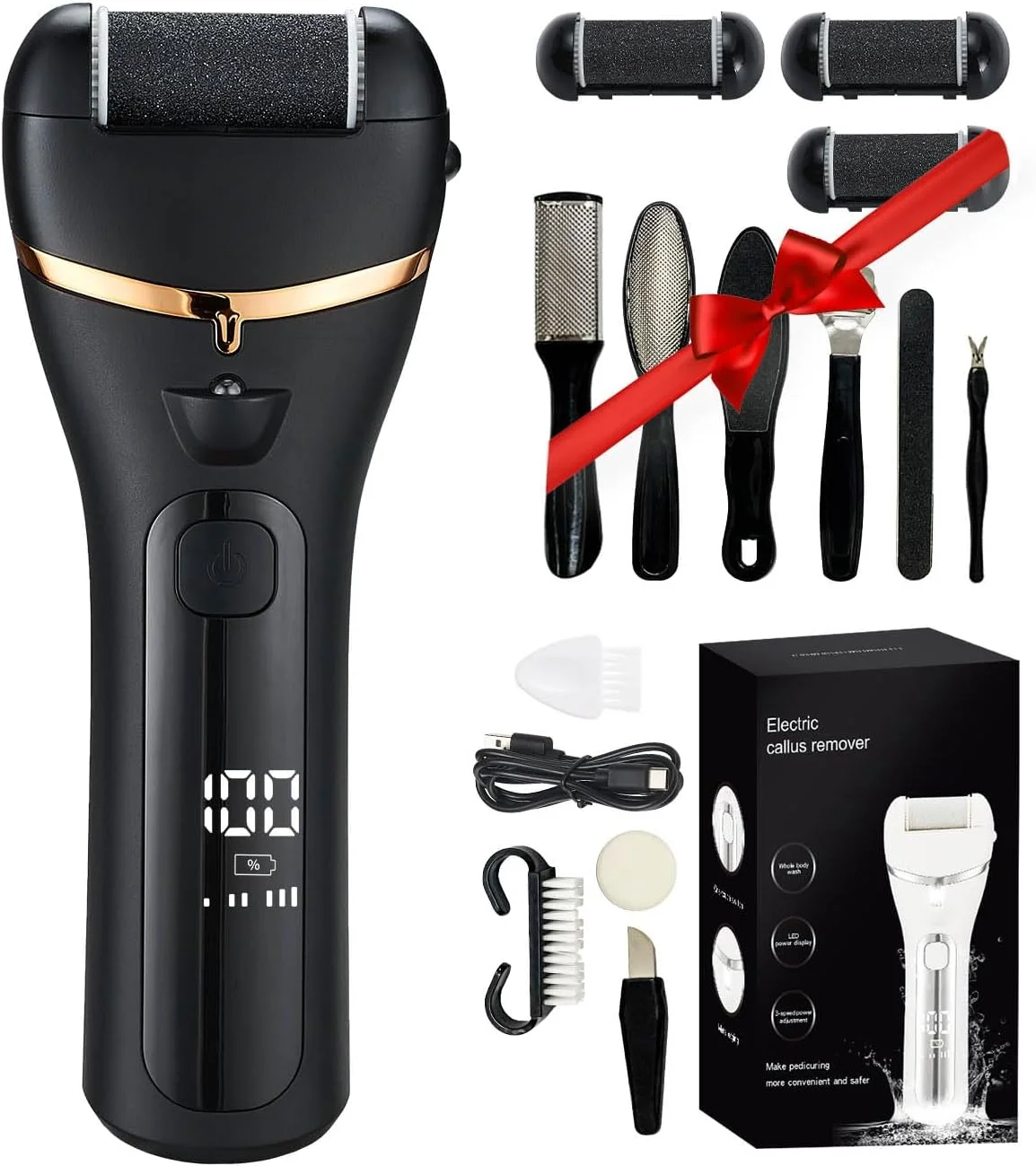 سوهان برقی پا 11 در 1، شارژی، ضد آب، از بین برنده پوست سفت، 3 سرعت، از بین برنده ملایم و قوی پینه، ست مراقبت از پا با 3 سری غلتکی، نمایشگر LED میزان باتری و کیف نگهداری