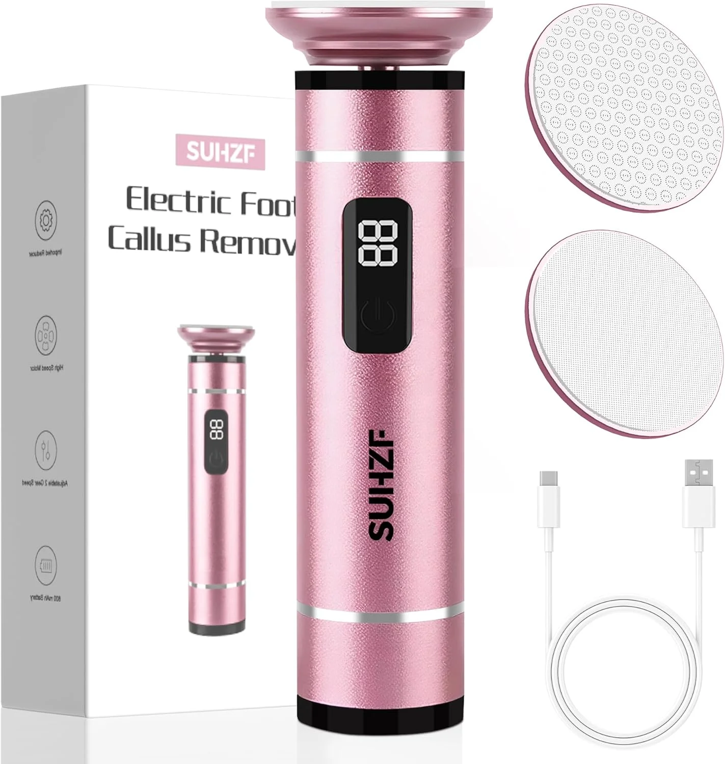 سوهان برقی پا با سر شیشه ای سنگ زنی، از بین برنده پینه پا، سنگ پدیکور پوست مرده قابل شارژ، سمباده پا با سرعت قابل تنظیم و نمایشگر LED (صورتی)