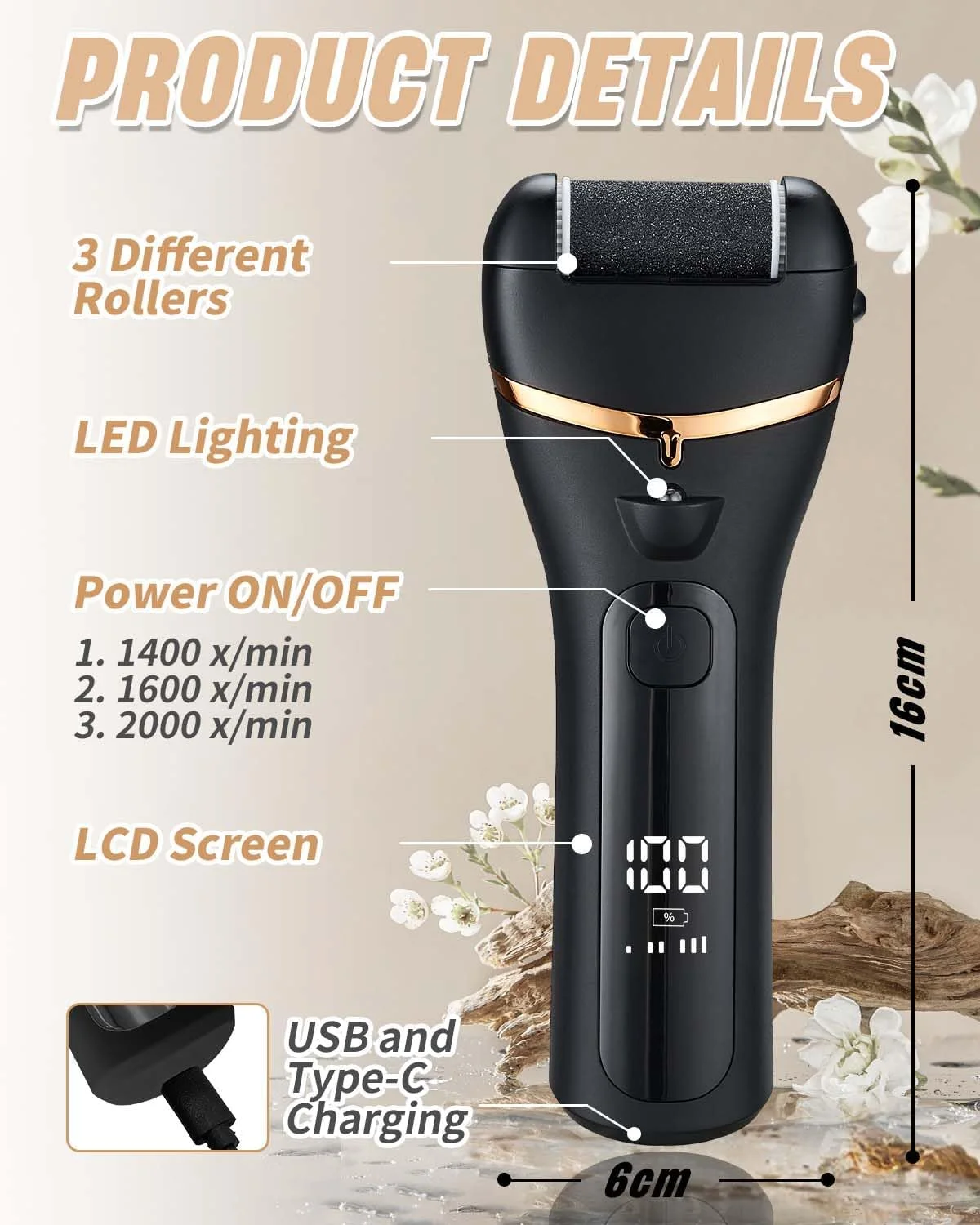 سوهان برقی پا 11 در 1، شارژی، ضد آب، از بین برنده پوست سفت، 3 سرعت، از بین برنده ملایم و قوی پینه، ست مراقبت از پا با 3 سری غلتکی، نمایشگر LED میزان باتری و کیف نگهداری