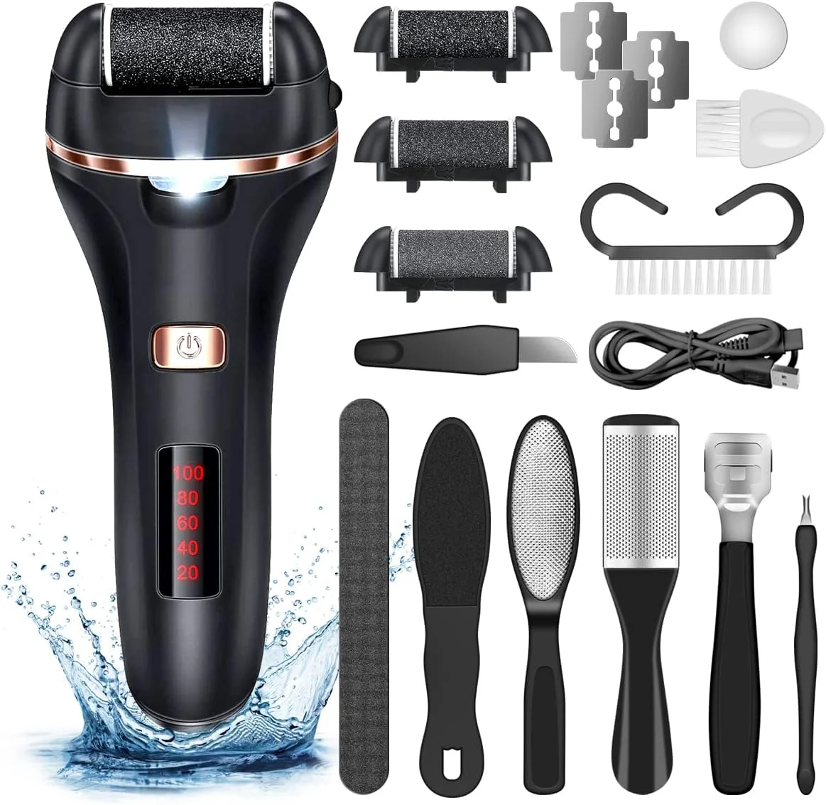 سوهان برقی پینه پا AdamPark، سوهان پا شارژی از بین برنده پوست سفت، کیت حرفه ای پدیکور ضد آب 14 در 1 برای پاشنه های ترک خورده و پوست مرده، دارای 3 سری غلتکی 2 سرعته، نمایشگر باتری