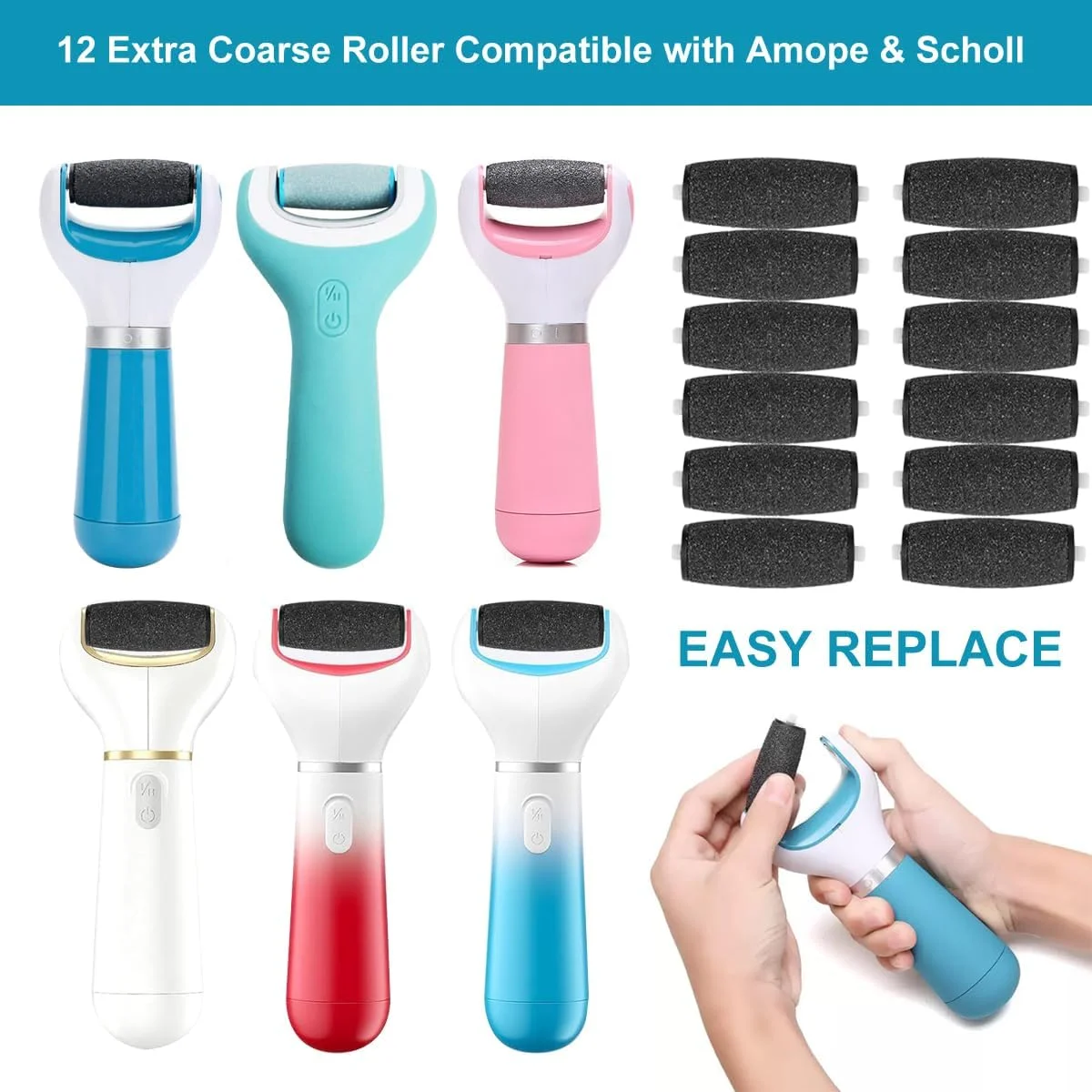 ۱۲ عدد سری یدکی زبر برای سوهان برقی پا، سری غلتکی جایگزین، با کریستال های الماس، از بین برنده پینه و پوست مرده