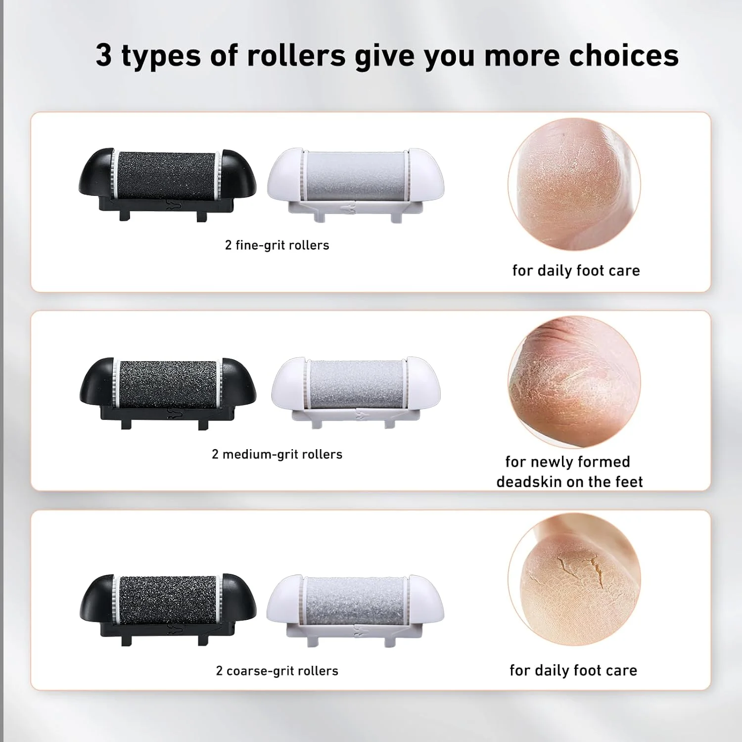 سری یدکی غلتکی، 6 عدد سوهان پینه پا، 3 نوع زبری، سری های پر کننده برای سوهان برقی پا، سری غلتکی پینه بردار