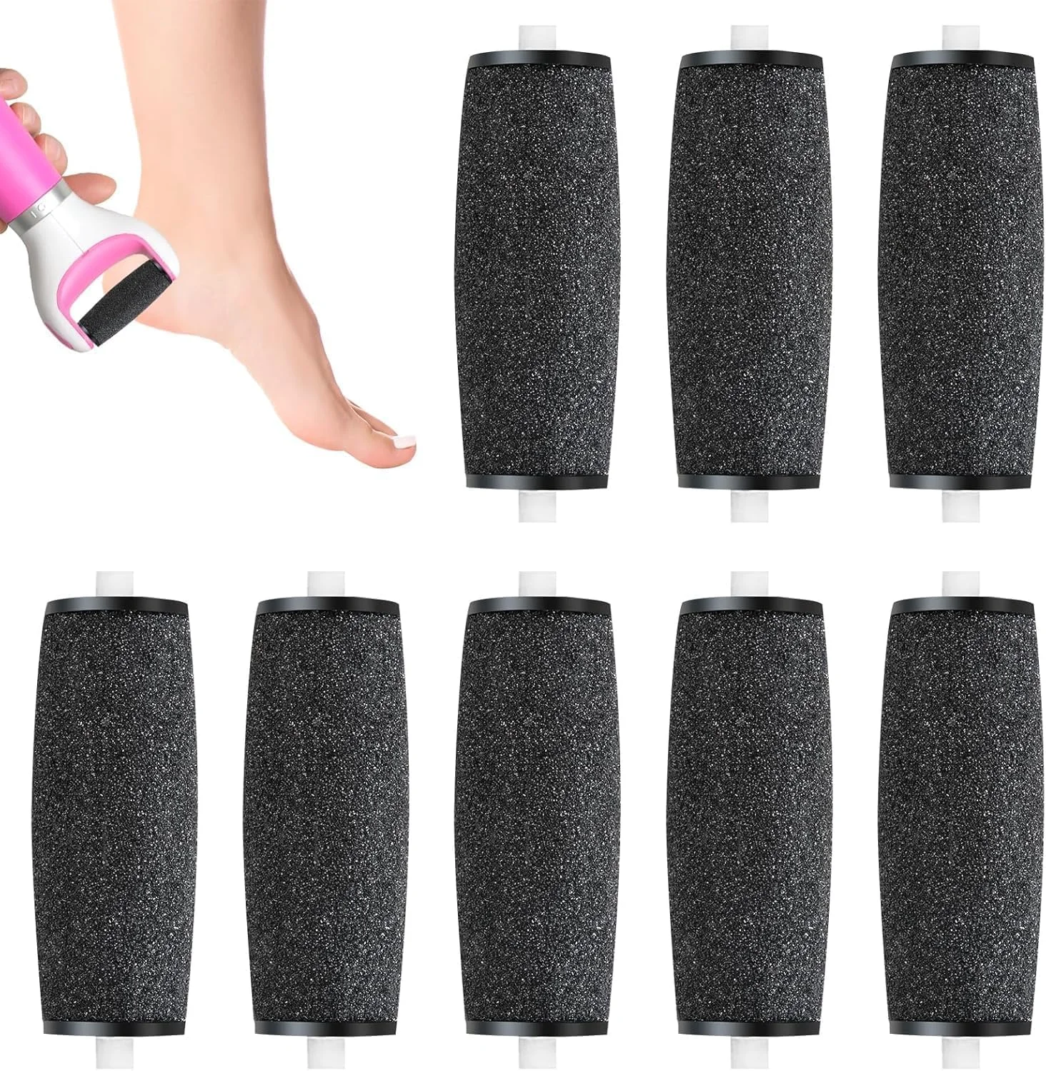 ۸ عدد سری یدکی سوهان برقی پا، سنگ پا برای پدیکور پا، از بین برنده پوست سخت، سرهای غلتکی سازگار با سوهان پا، مشکی