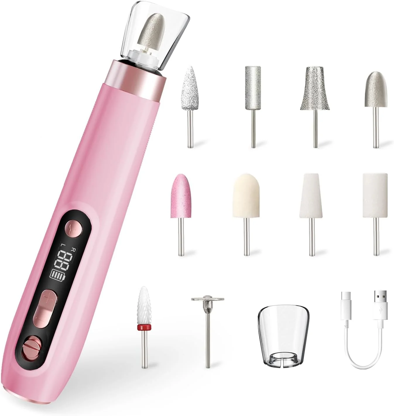 ست مانیکور و پدیکور حرفه ای ENGERWALL، ست سوهان برقی ناخن، دستگاه دریل برقی ناخن قابل حمل و بی سیم، ابزار مراقبت از ناخن 10 سرعته برای ساییدن، مرتب کردن و پولیش، صورتی