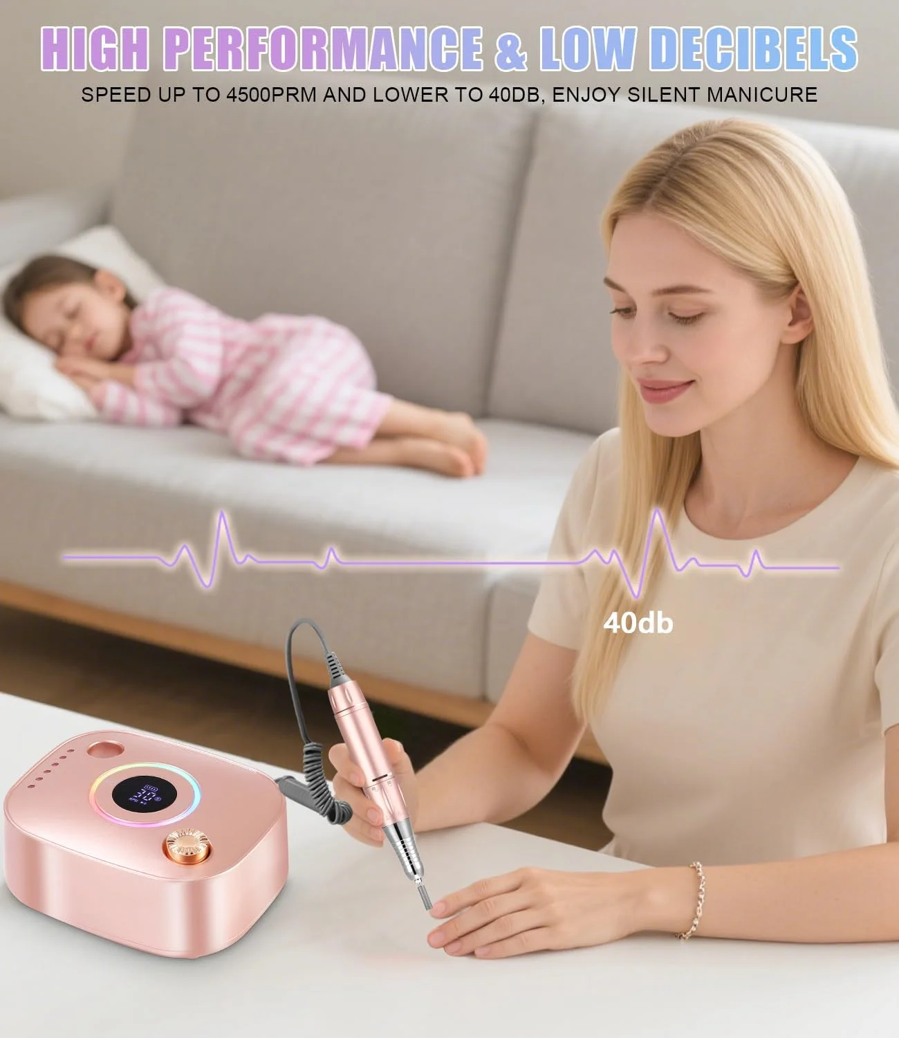 دستگاه سوهان ناخن، سوهان برقی حرفه ای 45000 دور در دقیقه، ست دستگاه سوهان ناخن با صفحه نمایش LCD، کیت لوازم جانبی با مانیکور پدیکور، برای سالن، استفاده خانگی