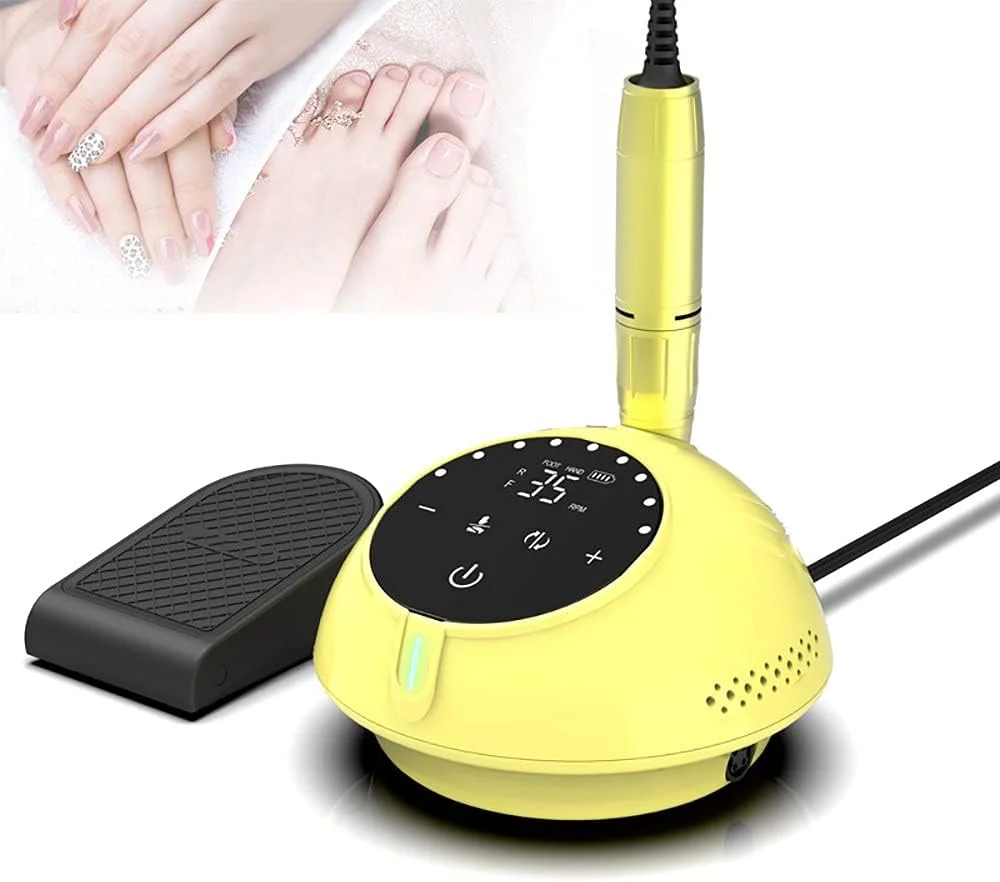 دستگاه سوهان برقی ناخن، حرفه ای 30000 دور در دقیقه، کیت مانیکور پدیکور، کیت پولیش ناخن با کنترل پدال پا و صفحه نمایش HD، زرد