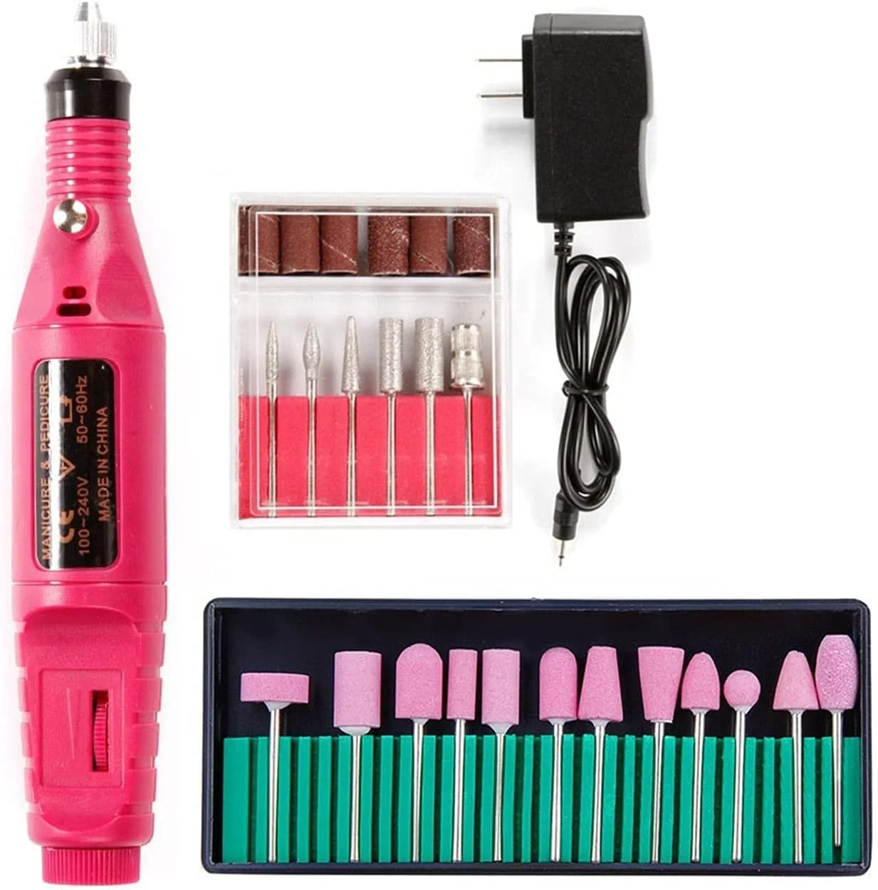 دستگاه سوهان برقی ناخن تمکین به همراه 12 عدد سری فرز، کیت از بین برنده پوست های اضافه دور ناخن، دستگاه پدیکور، کاتر های سنگ زنی، ابزار طراحی ناخن برای ناخن های طبیعی و لاک ژل (رنگ: صورتی)