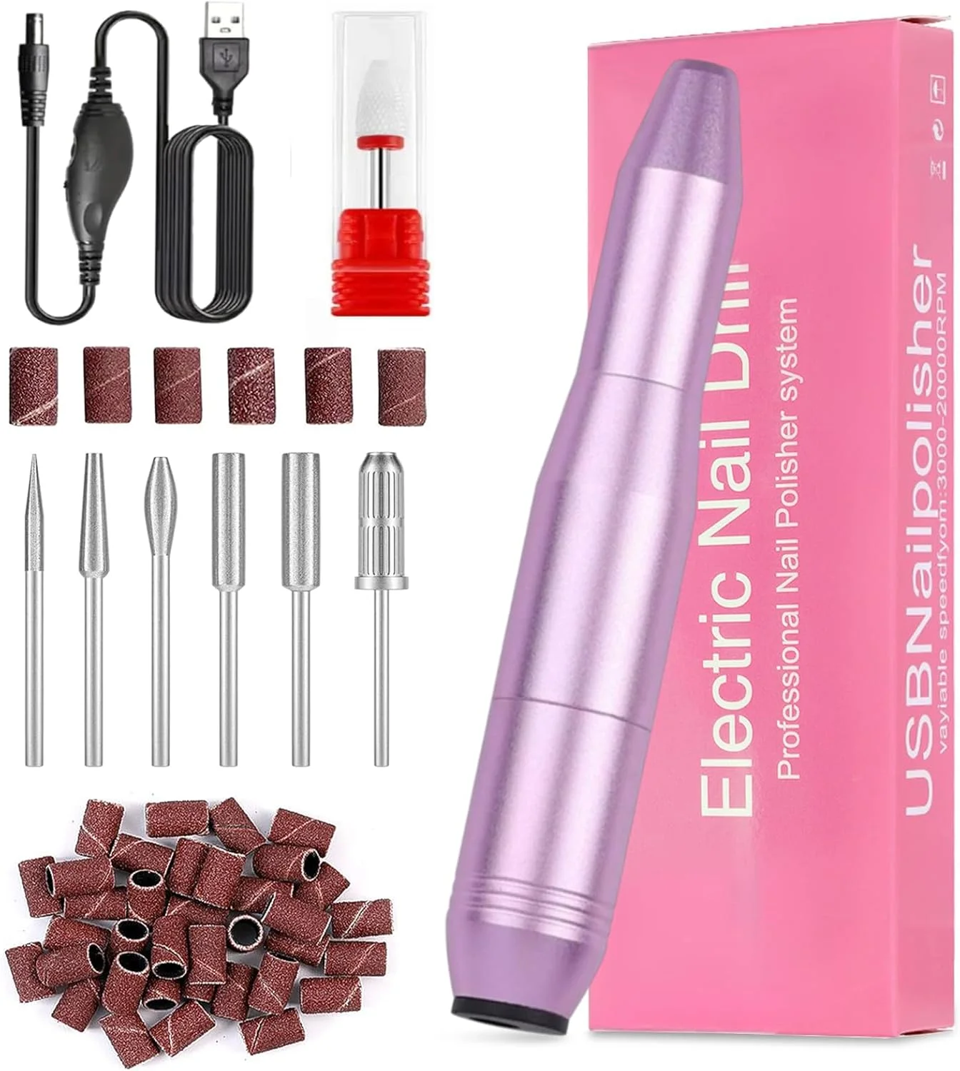 ست ماشین سوهان و دریل برقی ناخن، 6 سری و 16 نوار سمباده، سرعت قابل تنظیم 0-20000 دور در دقیقه برای ناخن های ژلی آکریلیک، صدای کم، ابزار مانیکور قابل حمل با جعبه هدیه برای سالن خانگی
