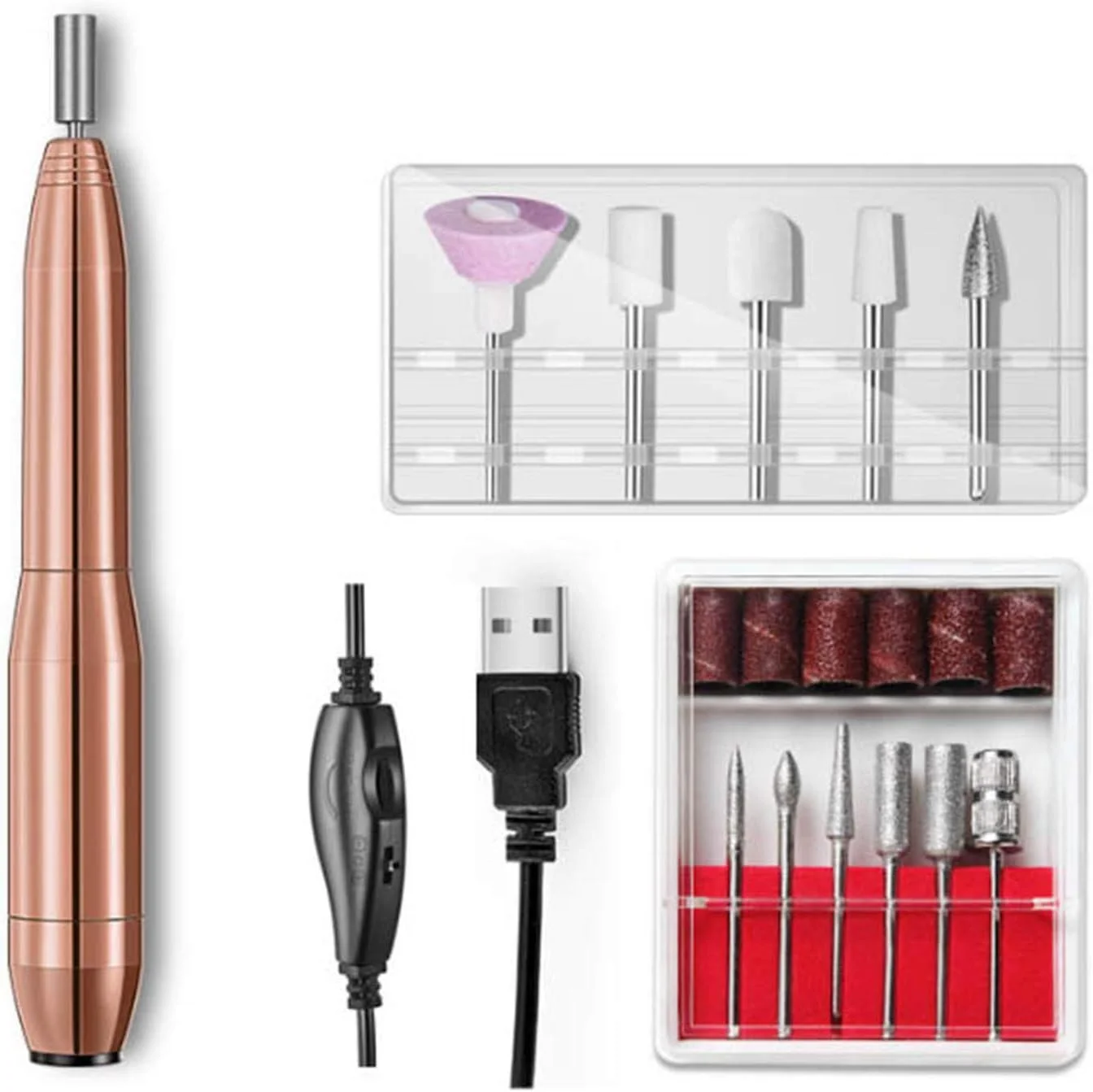 ست سوهان برقی ناخن، دستگاه مانیکور USB با سری های مختلف و نوارهای سمباده برای لایه برداری، ساییدن، پولیش، حذف ژل و ابزارهای اکریلیک