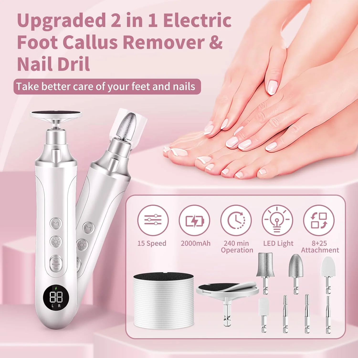 سوهان برقی پا و دریل ناخن 2 در 1، از بین برنده پینه پا قابل شارژ، کیت مانیکور پدیکور با 15 سرعت قابل تنظیم، اسکرابر پا با 25 عدد دیسک سمباده، ابزار پدیکور برای پوست مرده