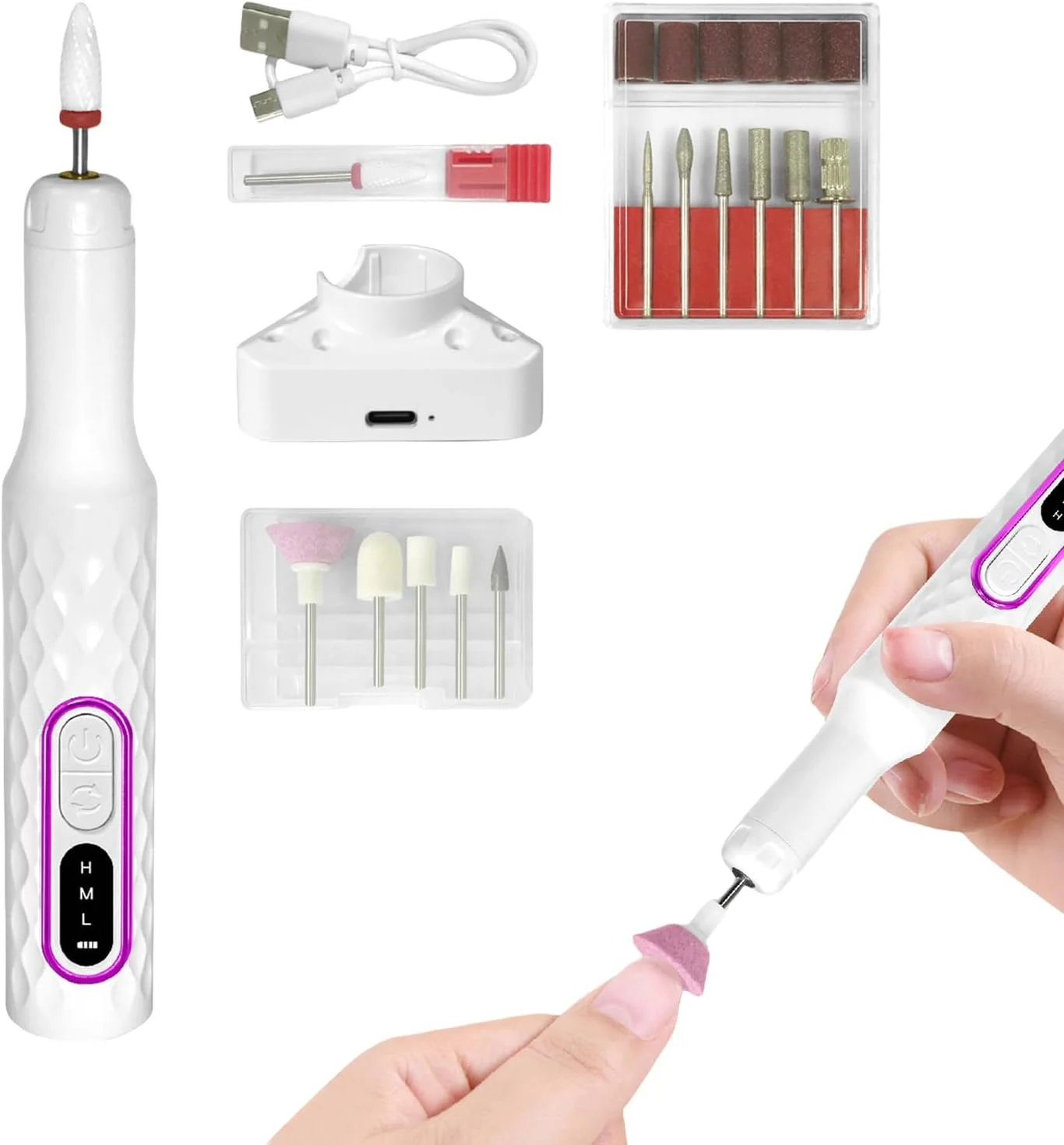 ست سوهان برقی ناخن، سوهان قابل حمل برای سنباده زدن ناخن های ژلی آکریلیک، ابزار مانیکور پدیکور با سرعت 15000 دور در دقیقه با 3 سرعت قابل تنظیم برای سنگ زنی، پولیش و شکل دادن
