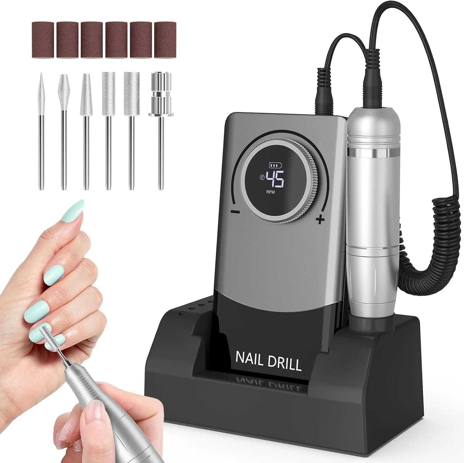 دستگاه سوهان برقی ناخن حرفه ای: دستگاه سوهان ناخن شارژی 45000 دور در دقیقه، کیت قابل حمل و بی سیم با متعلقات و پایه برای برداشتن ناخن های اکریلیک و لاک ژل و مانیکور