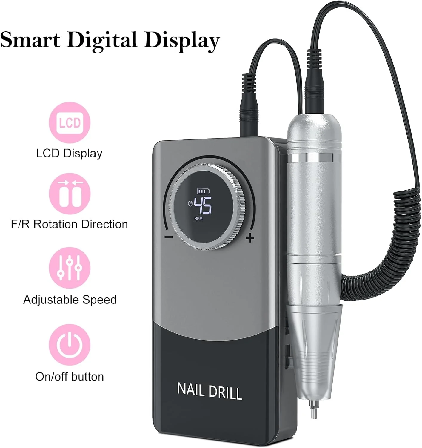 دستگاه سوهان برقی ناخن حرفه ای: دستگاه سوهان ناخن شارژی 45000 دور در دقیقه، کیت قابل حمل و بی سیم با متعلقات و پایه برای برداشتن ناخن های اکریلیک و لاک ژل و مانیکور