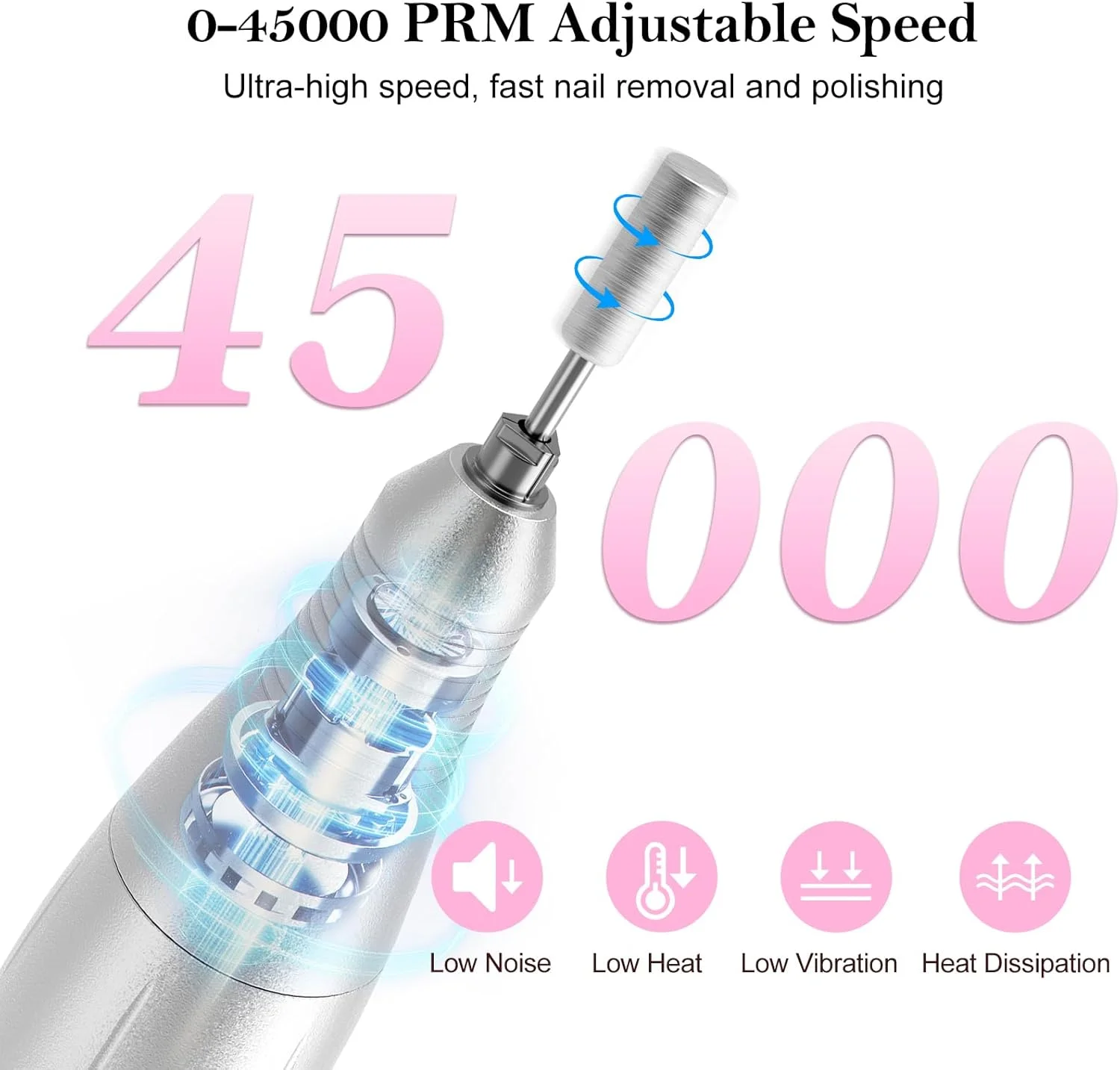 دستگاه سوهان برقی ناخن حرفه ای: دستگاه سوهان ناخن شارژی 45000 دور در دقیقه، کیت قابل حمل و بی سیم با متعلقات و پایه برای برداشتن ناخن های اکریلیک و لاک ژل و مانیکور