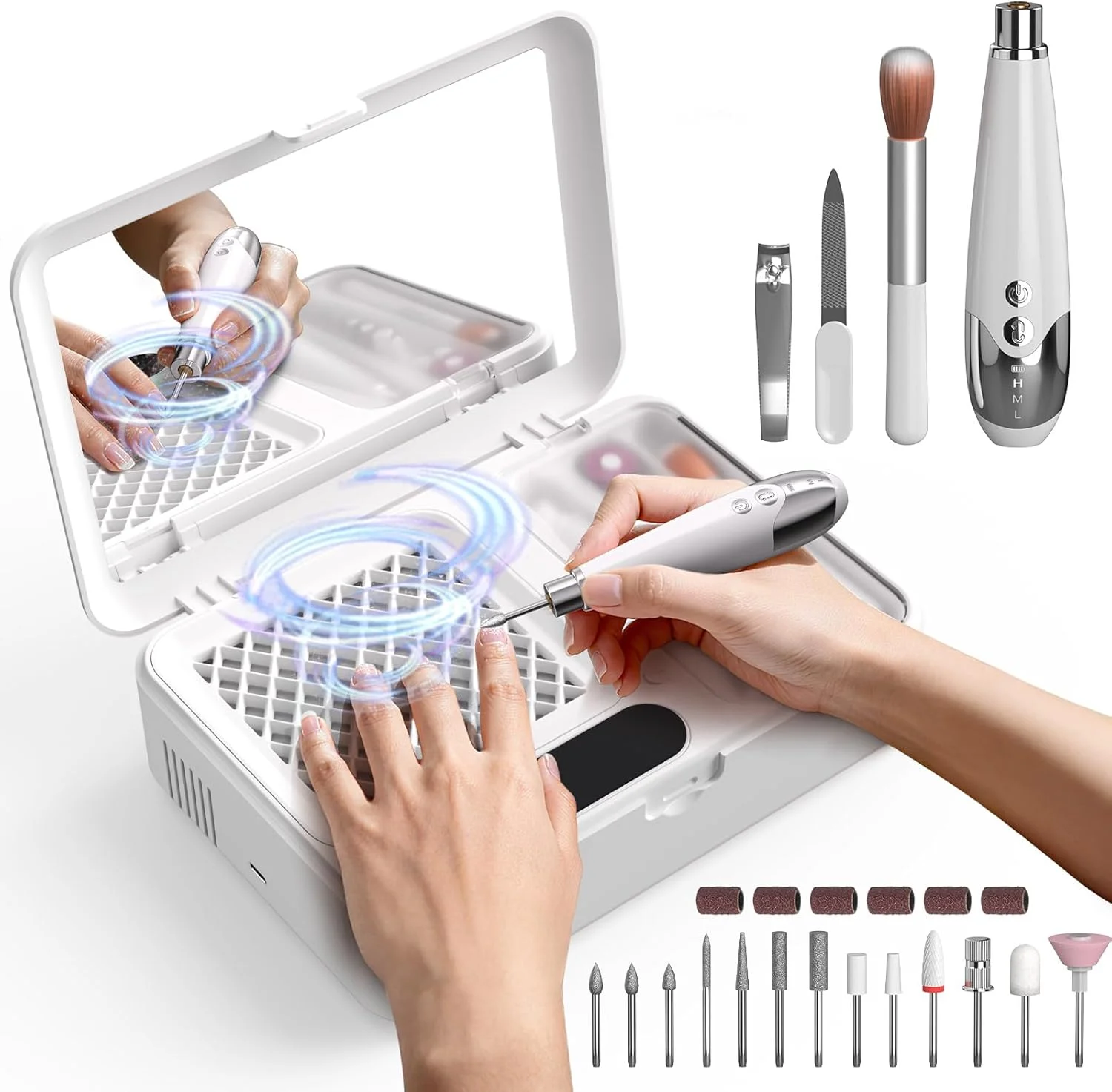 ست سوهان برقی ناخن و دستگاه جمع کننده گرد و غبار ناخن، مانیکور پدیکور حرفه ای قابل حمل، 13 سر سوهان، دستگاه مکش قدرتمند گرد و غبار HPro برای استفاده در منزل و سالن - سفید