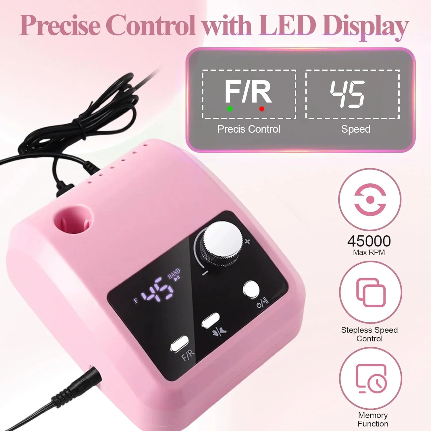 دستگاه سوهان برقی ناخن 45000 دور در دقیقه به همراه پدال پایی و 6 سری سوهان مناسب برای استفاده در سالن و منزل