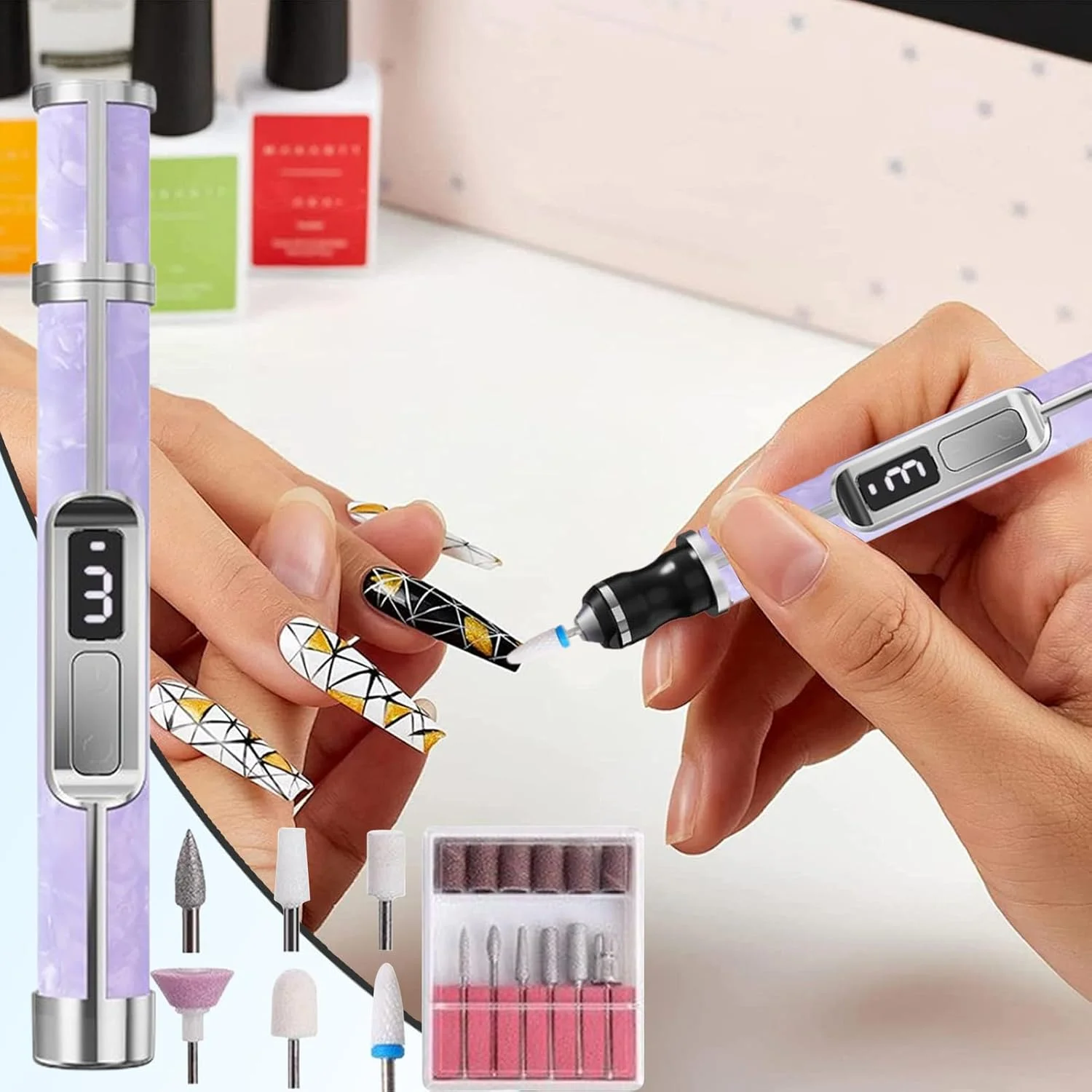 ست سوهان ناخن برقی | کیت سوهان مانیکور با 3 سرعت | دریل ناخن قابل شارژ برای از بین بردن پینه های ضخیم ناخن پا و انگشت، مناسب مبتدیان، استفاده در منزل و سالن، آقایان و بانوان