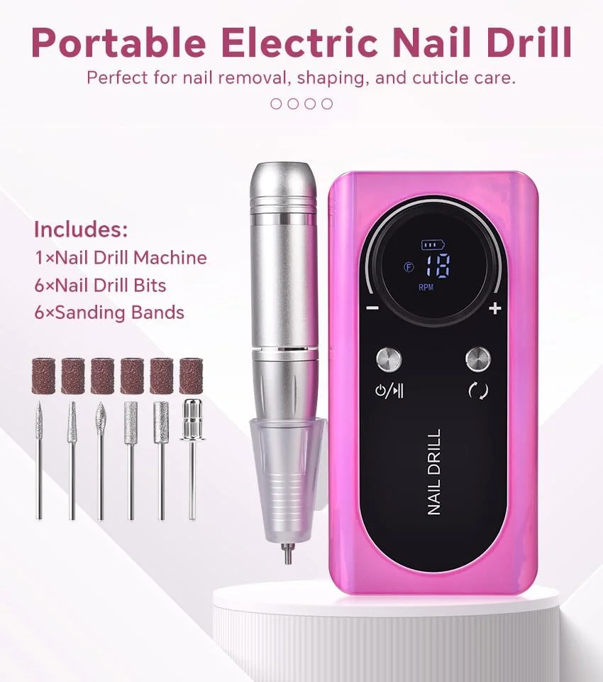 ست سوهان برقی ناخن مانیکور 45000 دور در دقیقه حرفه ای با 6 سری سوهان و 6 نوار سنباده، بی سیم، سبک وزن، مناسب سالن (سفید)